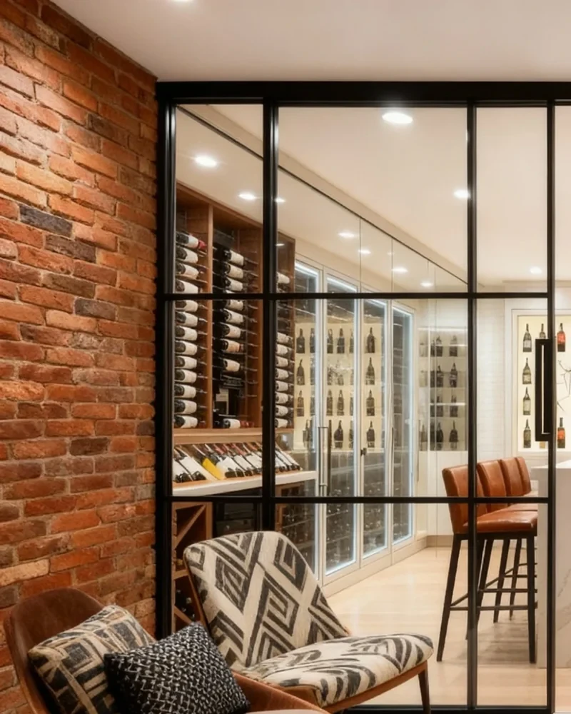 Komandor Lumi aluminum-framed interior glazing system used as a custom wine room enclosure and partition. The system features a black anodized aluminum frame with clear tempered glass inserts and integrated sleek pull handles. This architectural solution utilizes millimeter-precise manufacturing to create a floor-to-ceiling glass wall that seamlessly integrates with local GTA home interiors. The Lumi system provides a high-end European aesthetic for luxury storage, combining industrial-grade structural integrity with sophisticated residential design for temperature-controlled environments.