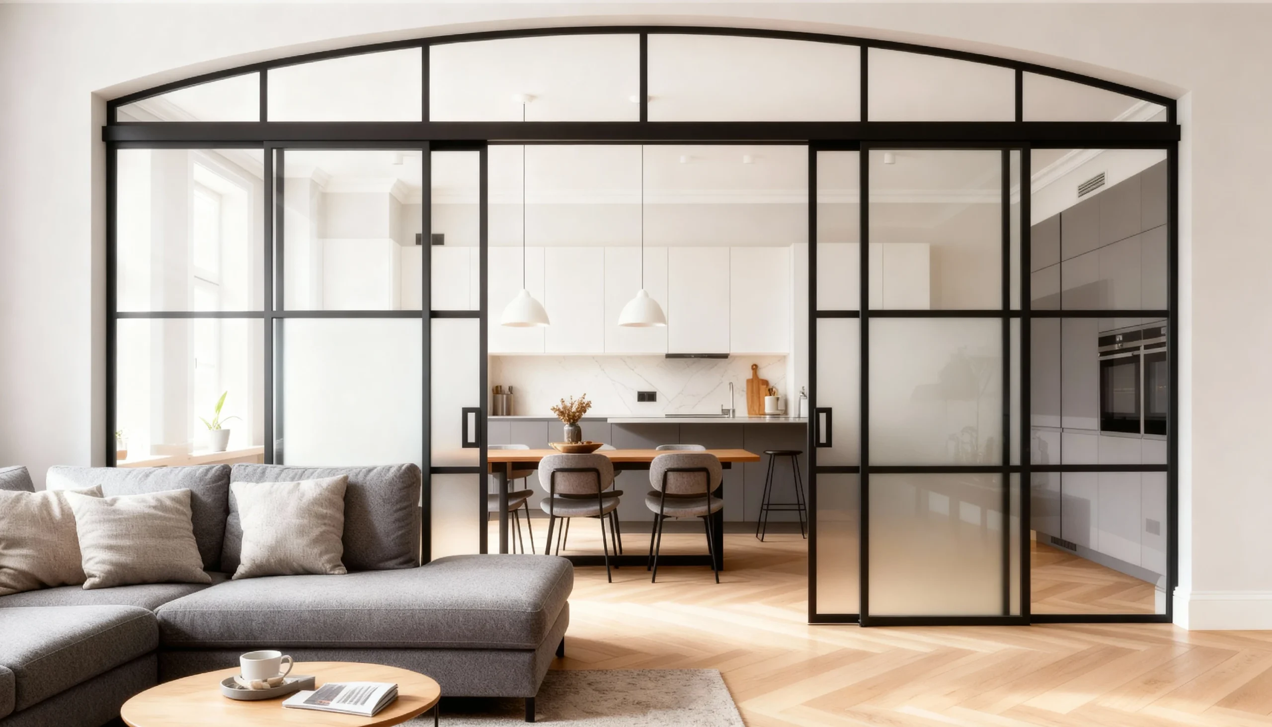 Komandor Lumi aluminum-framed glass partition and sliding door system designed as a bespoke architectural room divider. This custom interior solution features charcoal black anodized aluminum frames with a fixed arched top transom and multi-panel sliding doors. The configuration incorporates premium frosted glass and clear architectural glass inserts, providing high-end transparency and light flow. Engineered with precision ball-bearing rollers and anti-jump mechanisms, this floor-to-ceiling Lumi system is manufactured to the millimeter to serve as a modern alternative to traditional millwork and drywall partitions.