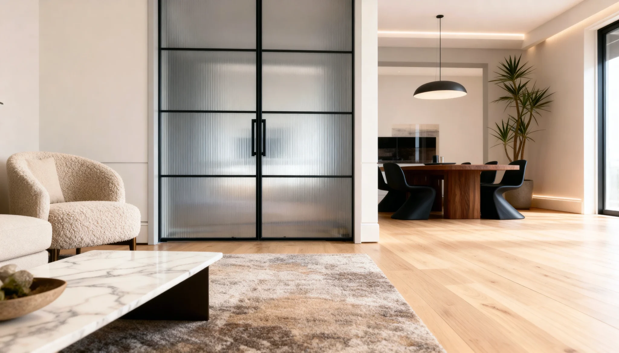 Komandor Lumi aluminum-framed glass wall and swing door system utilized as a fixed architectural partition. The system features a black anodized aluminum interior glazing framework with a multi-pane grid design and integrated fluted architectural glass inserts. This Komandor Lumi configuration includes precision-engineered slim profiles and a functional swing door mechanism, providing a modern alternative to traditional drywall for dividing residential interior spaces while maintaining light transmission and structural integrity.