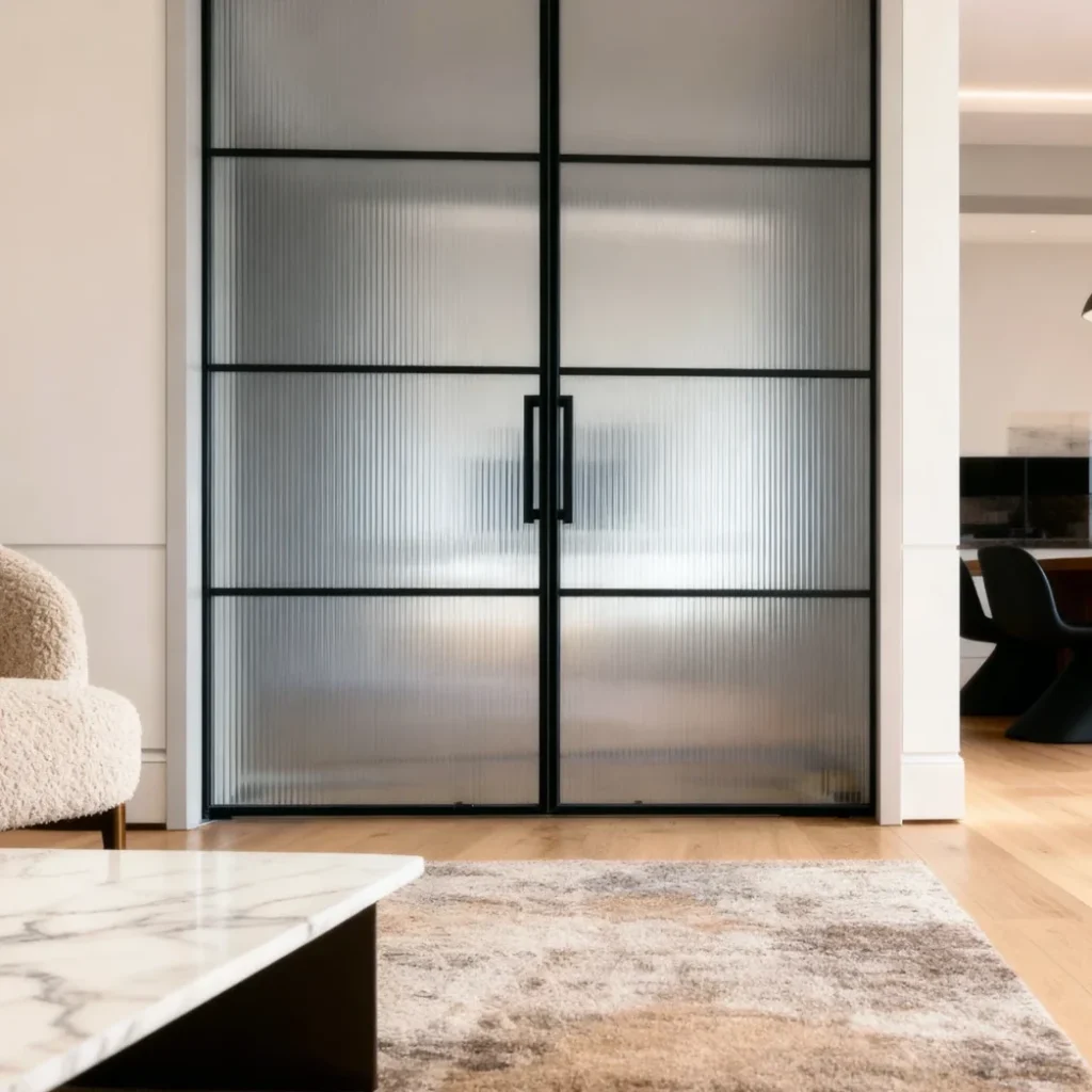 Komandor Lumi aluminum-framed glass wall and swing door system utilized as a fixed architectural partition. The system features a black anodized aluminum interior glazing framework with a multi-pane grid design and integrated fluted architectural glass inserts. This Komandor Lumi configuration includes precision-engineered slim profiles and a functional swing door mechanism, providing a modern alternative to traditional drywall for dividing residential interior spaces while maintaining light transmission and structural integrity.