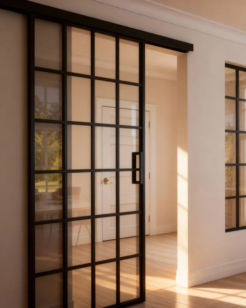 Komandor Lumi aluminum-framed glass partition and top-hung sliding door system featuring a modern industrial grid design. This interior glazing solution utilizes a robust upper track for smooth, quiet operation of the oversized glass panel. The architectural system is custom-manufactured with charcoal black aluminum frames and clear tempered glass inserts to divide living spaces without sacrificing natural light. Engineered for the GTA lifestyle, this Lumi partition showcases European-grade craftsmanship, precision-fit gaskets, and high-performance rollers designed for floor-to-ceiling applications in open-concept residential homes.