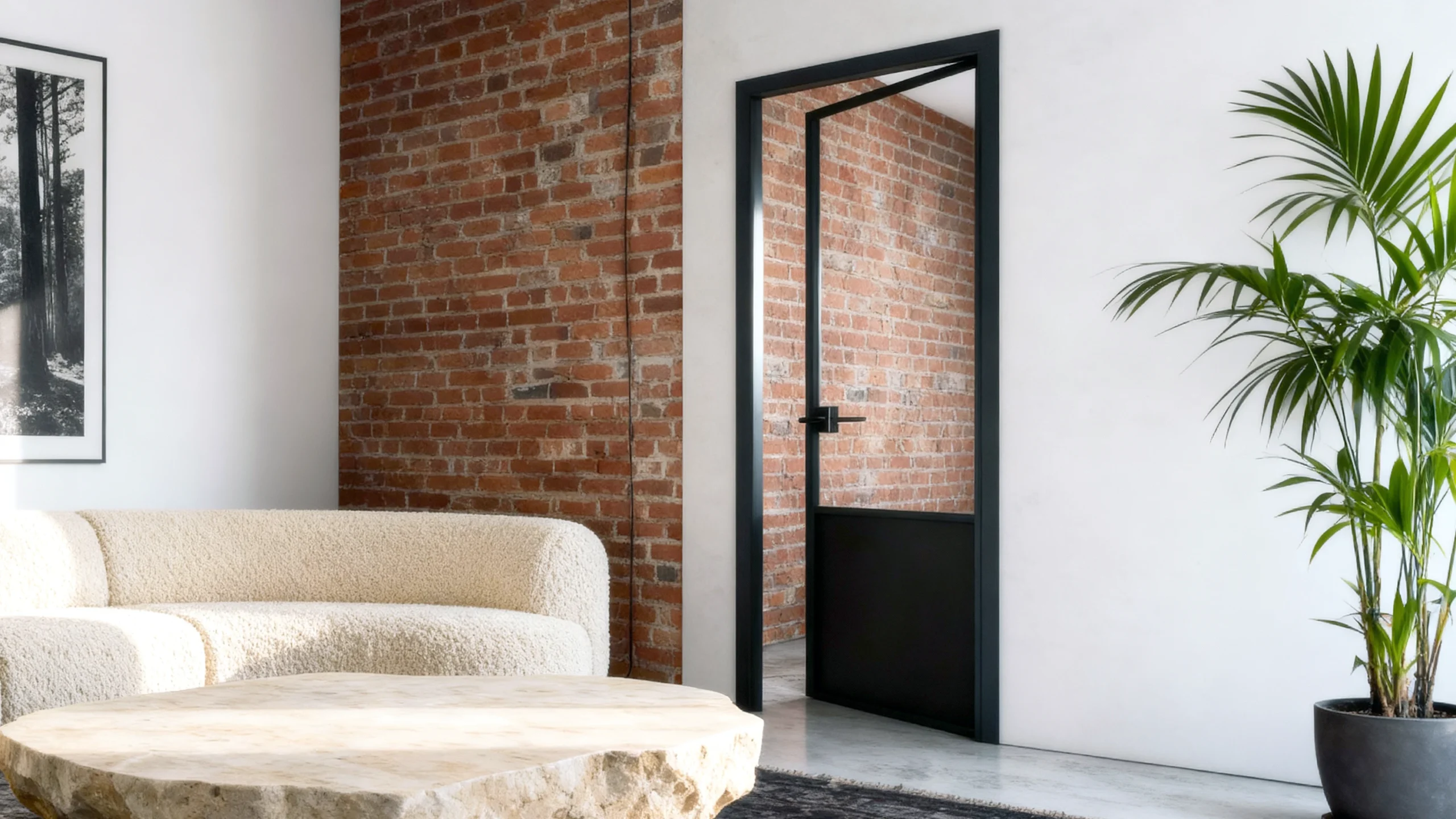 Komandor Lumi aluminum-framed interior glazing system featuring a slim-profile swing door integrated into a fixed glass partition wall. The assembly utilizes high-strength black anodized aluminum frames and tempered glass inserts to create a modern architectural room divider. This precision-engineered system provides a minimalist alternative to traditional millwork, featuring a durable pivot mechanism and a weighted lower kick plate for enhanced structural integrity and visual balance in luxury residential spaces.