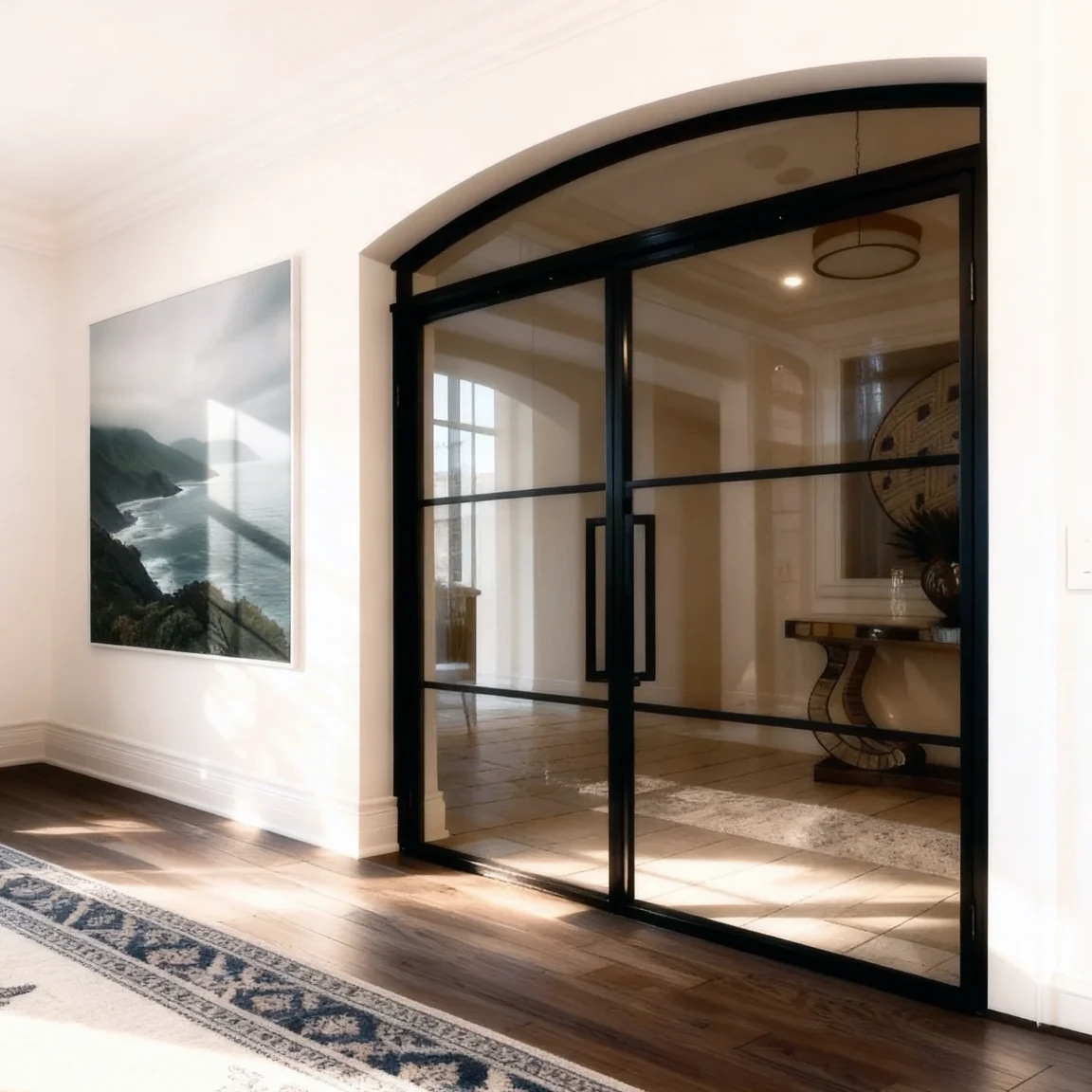 Komandor Lumi aluminum-framed interior glazing system featuring a custom arched black anodized aluminum fixed screen and integrated swing door. This architectural glass wall utilizes precision-engineered 6063-T5 aluminum profiles and tempered safety glass inserts to divide space while maintaining light flow. The system is designed for residential master suites and dressing rooms, providing a modern alternative to traditional millwork with high-strength structural integrity and a minimalist, high-end boutique aesthetic.