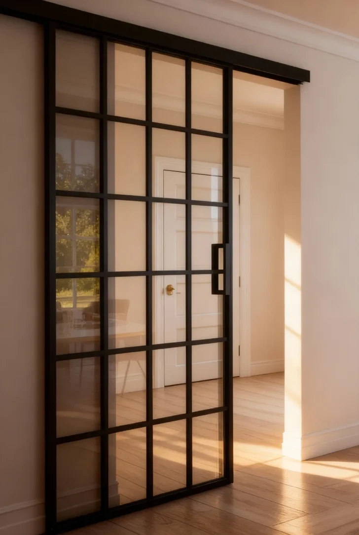 Komandor Lumi aluminum-framed glass barn door system configured as a modern room divider. The design features a single sliding door with a black anodized aluminum frame and clear glass inserts divided by a grid profile, mounted on a sleek top-hung track system. This architectural interior door utilizes smooth-gliding rollers and a minimalist handle, offering a space-saving, light-permitting alternative to traditional hinged doors.