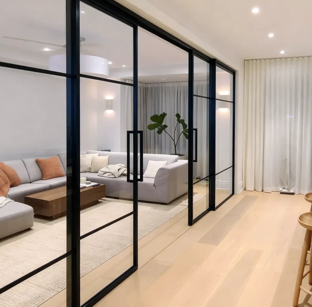 Komandor Lumi aluminum-framed interior glazing system and glass wall partition featuring a matte black finish. This high-end architectural partition utilizes an aluminum framed interior glazing system with a swing door and fixed panels. The Lumi system provides a stylish solution to divide open space while maintaining transparency. The structural framework is engineered with precision aluminum profiles that accept various insert materials, providing a modern, minimalist aesthetic for residential interiors and custom room divisions.