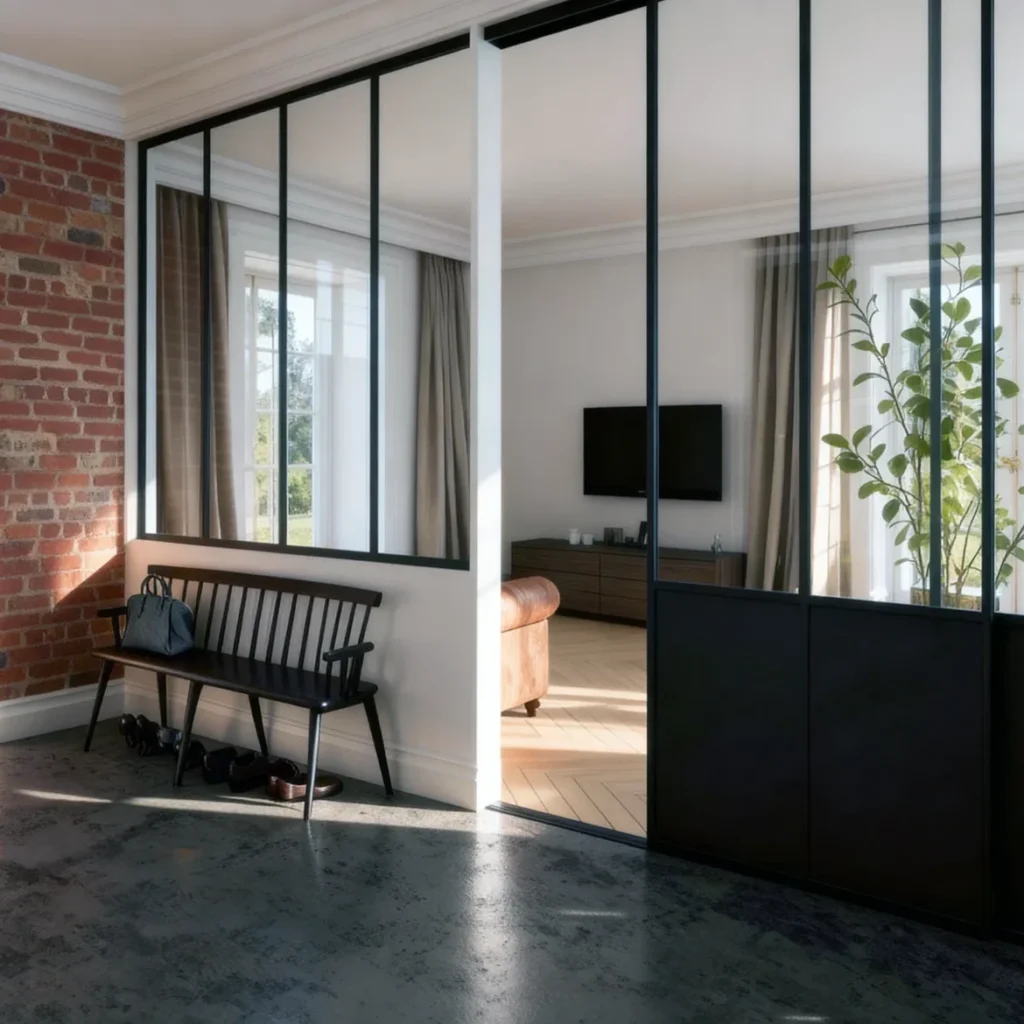 Komandor Lumi aluminum-framed interior glazing system featuring a black anodized aluminum glass partition wall and integrated sliding door. This architectural solution utilizes high-strength 6063-T5 aluminum profiles and clear tempered glass inserts to create a modern industrial aesthetic. The partition includes a solid-core bottom panel and precision-engineered ball-bearing rollers for smooth operation, serving as a functional and visually light room divider for open-concept entryways and living areas.