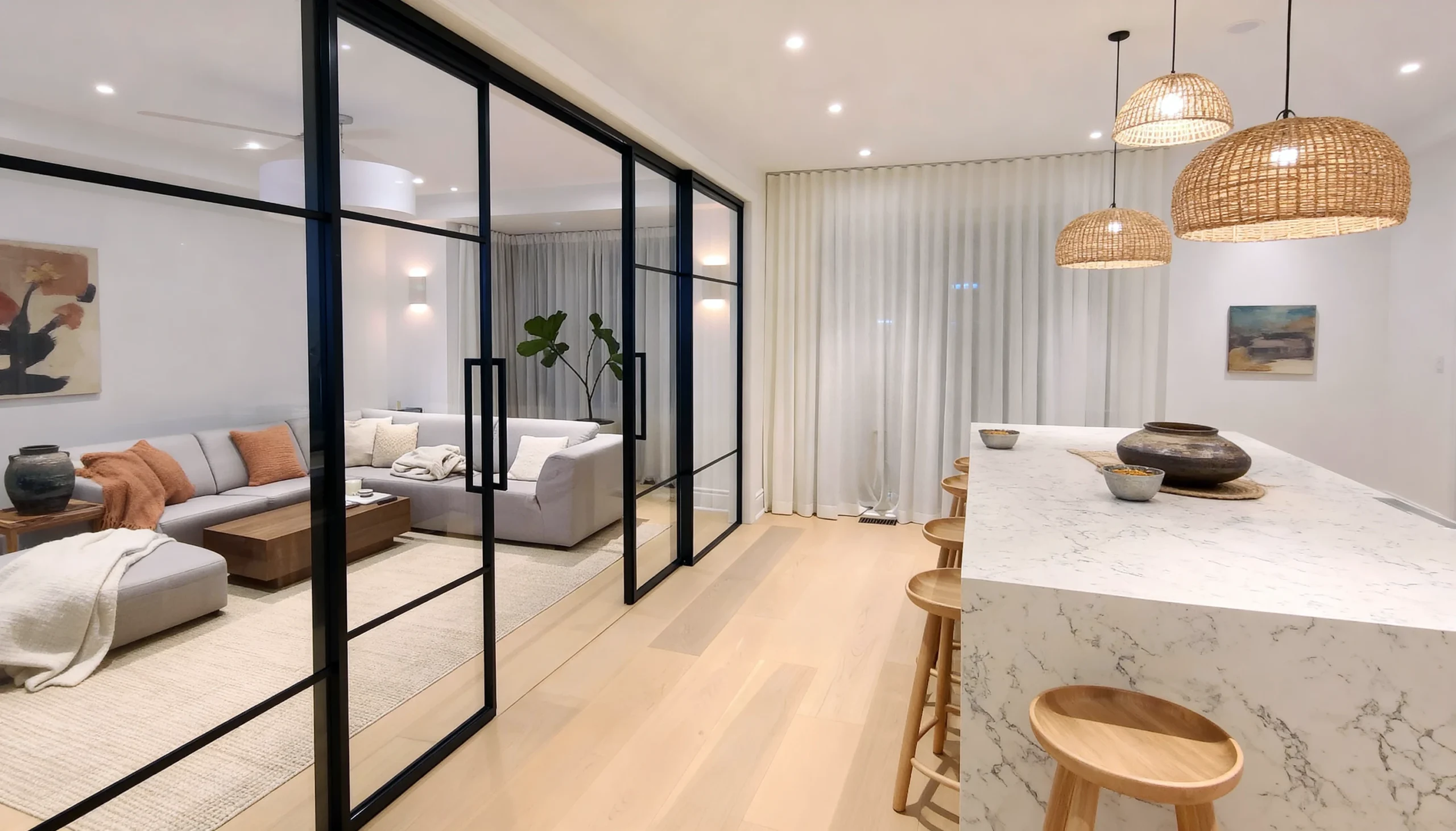 Komandor Lumi aluminum-framed interior glazing system and glass wall partition featuring a matte black finish. This high-end architectural partition utilizes an aluminum framed interior glazing system with a swing door and fixed panels. The Lumi system provides a stylish solution to divide open space while maintaining transparency. The structural framework is engineered with precision aluminum profiles that accept various insert materials, providing a modern, minimalist aesthetic for residential interiors and custom room divisions.