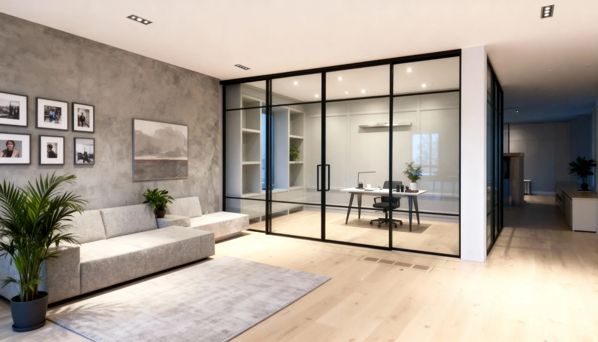 Komandor Lumi aluminum-framed glass partition and sliding door system featuring a slim-profile charcoal black anodized aluminum frame. This interior glazing solution uses clear safety glass inserts and a multi-panel configuration to create a modern architectural room divider. The system is engineered with Komandor’s proprietary ball-bearing rollers and anti-jump mechanisms for silent, smooth operation. This floor-to-ceiling installation demonstrates the Lumi system's ability to divide open-concept spaces while maintaining visual transparency and maximizing natural light.