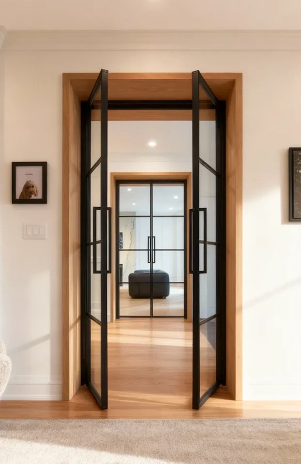 Komandor Lumi aluminum-framed interior swing door system configured as a double-door room partition. The design features a sleek black anodized aluminum frame with clear glass inserts divided by horizontal profiles, creating a modern industrial aesthetic. This architectural glazing system utilizes precision-engineered pivot hinges and magnetic latches, serving as a high-end, light-permitting alternative to traditional solid wood doors for dividing residential spaces.