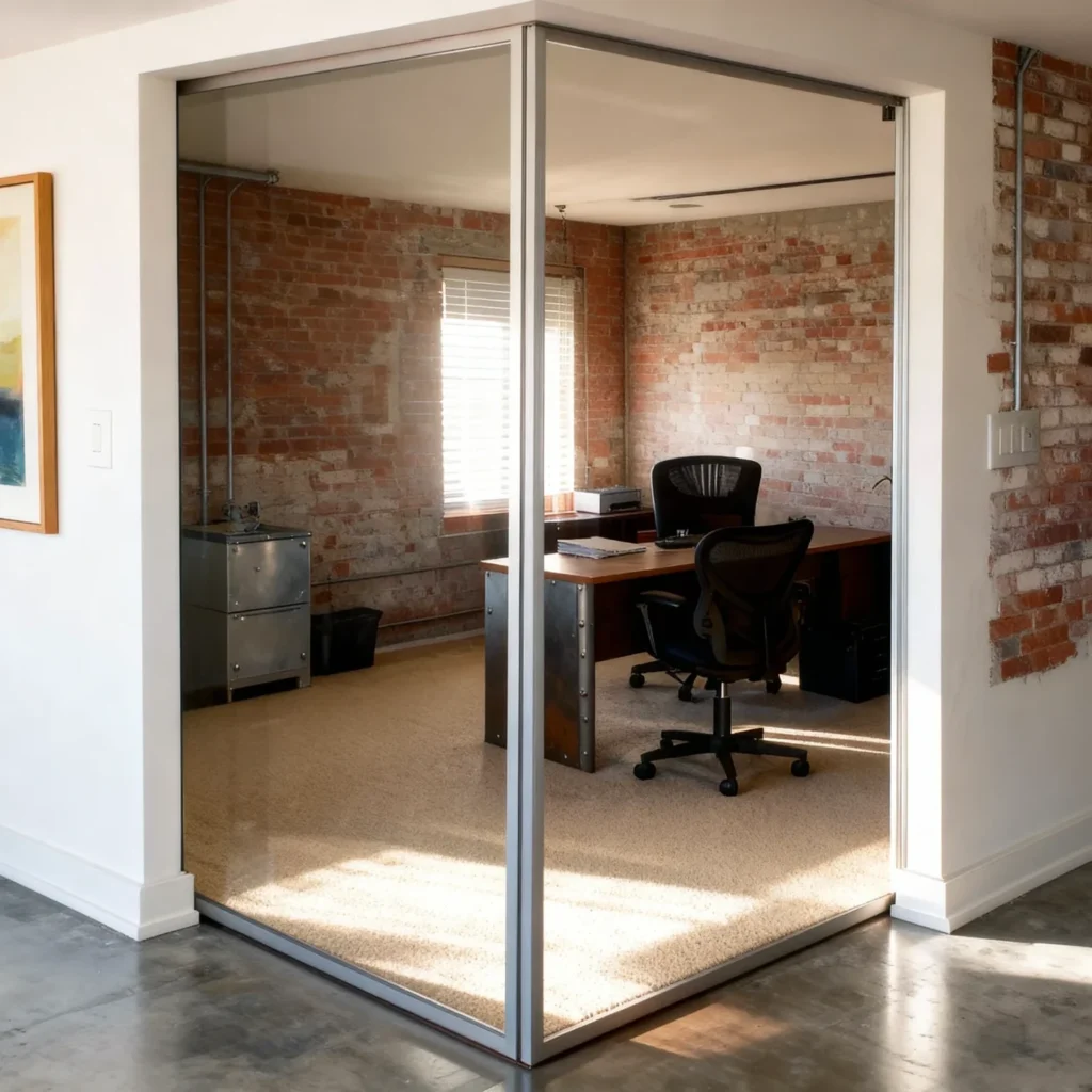 Komandor Lumi aluminum-framed interior glazing system featuring a custom L-shaped corner glass partition wall and fixed screens. This architectural partition utilizes an integrated corner post to create a structural, transparent divide for a private office space. The system is constructed with durable 6063-T5 anodized aluminum profiles that accept a host of insert materials, shown here with clear safety glass for a minimalist, high-end aesthetic. This hybrid architectural solution allows for floor-to-ceiling installation, providing acoustic separation while maintaining visual depth and light flow in a modern loft environment.