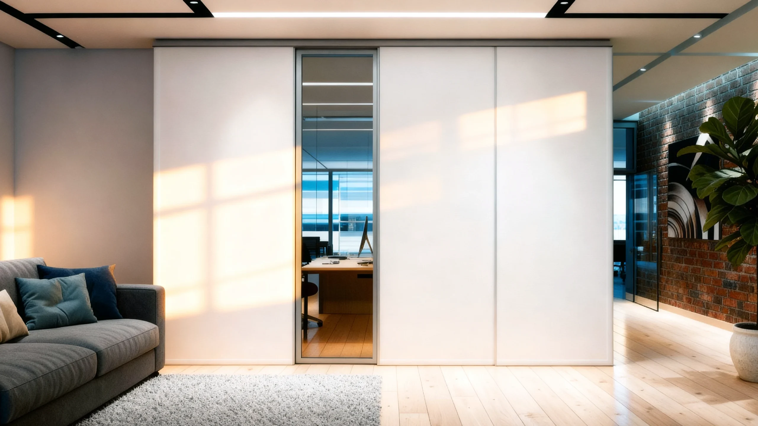 Komandor Lumi aluminum-framed interior glazing system featuring a custom floor-to-ceiling partition wall with integrated swing door. The structure utilizes 6063-T5 anodized aluminum profiles for superior structural integrity and a minimalist aesthetic. This bespoke installation demonstrates the Lumi system's ability to accept various inserts, including clear tempered safety glass, while maintaining clean lines. The design incorporates precision-engineered corner posts and high-performance hardware, providing a design-forward alternative to traditional drywall for modern residential and commercial interiors.