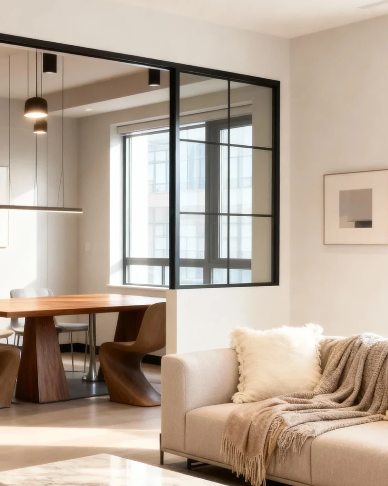 Komandor Lumi fixed glass partition screen and interior glazing system used to separate a living area from a dining space. This architectural solution features a charcoal black anodized aluminum frame with a minimalist industrial grid layout and clear tempered safety glass. The system is custom-manufactured to the nearest 1/32nd of an inch to integrate seamlessly with existing drywall. By providing a structural but transparent barrier, the Lumi system maximizes the function and beauty of interior space while maintaining an open-concept feel for modern Toronto condo and home layouts.