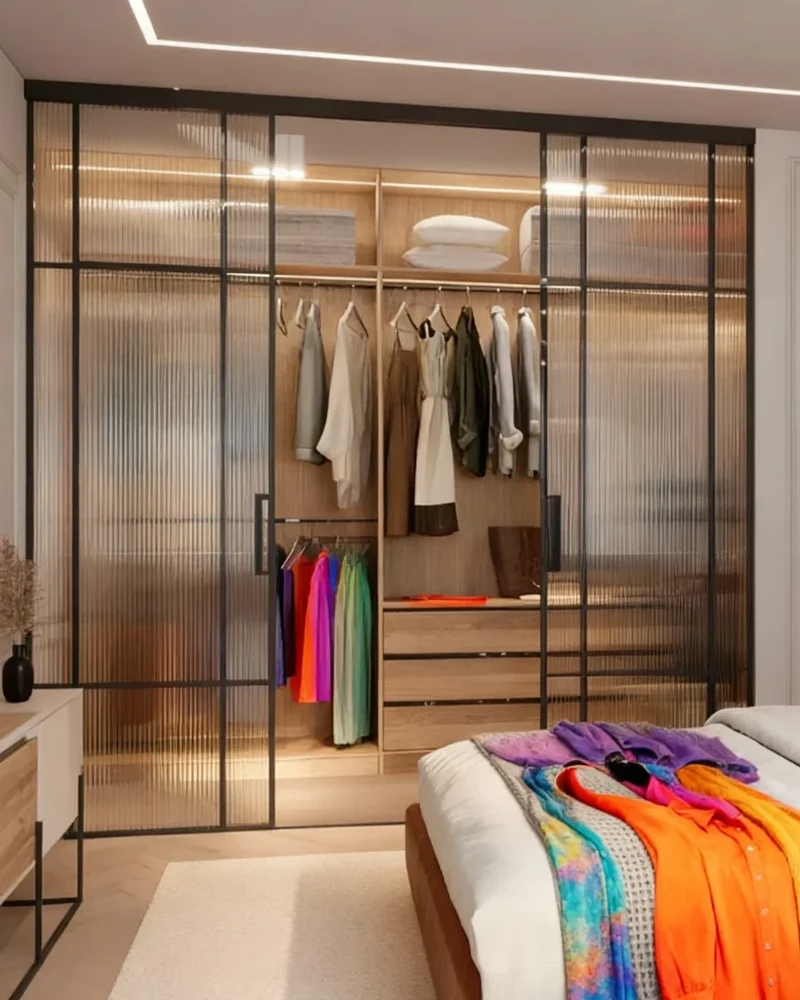 Komandor Lumi aluminum-framed sliding door system featuring fluted glass architectural inserts and a sleek black anodized frame. This custom floor-to-ceiling wardrobe partition showcases a built-in interior organizer with integrated LED closet lighting recessed into the shelving profiles. The hybrid architectural design utilizes European-engineered precision ball-bearing rollers for smooth, quiet operation. Millimeter-precise manufacturing ensures a seamless fit for this luxury dressing room solution, blending modern industrial materials with warm wood-tone laminate cabinetry for a high-end residential aesthetic in the GTA.