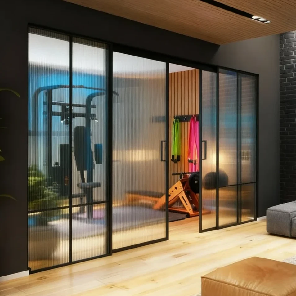 Komandor Lumi aluminum-framed interior glazing system featuring fluted architectural glass inserts and a bi-pass sliding door configuration. This high-end partition wall utilizes slim, charcoal black anodized aluminum profiles to divide a residential gym space from a living area. The system incorporates floor-to-ceiling panels with integrated ball-bearing rollers for smooth, quiet operation. The fluted glass provides privacy and light diffusion, while the precision-engineered aluminum framework ensures structural integrity and a minimalist European aesthetic consistent with modern Toronto condo lifestyle solutions.