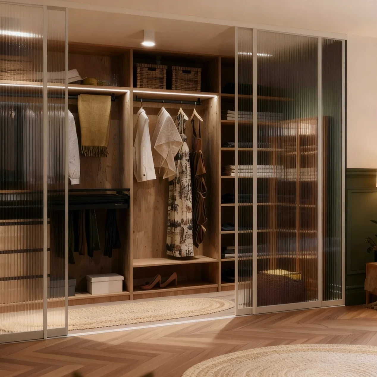 Komandor Lumi aluminum-framed interior glazing system featuring fluted architectural glass sliding doors and fixed panels. This hybrid architectural system serves as a luxury walk-in closet partition, integrated with custom wood-tone millwork and recessed LED lighting profiles for shadow-free illumination. The system is engineered with ultra-slim anodized aluminum frames and high-performance rollers, providing a floor-to-ceiling boutique dressing room aesthetic. The interior configuration includes custom hanging rods, shelving, and pull-out organization hardware manufactured to millimeter precision.