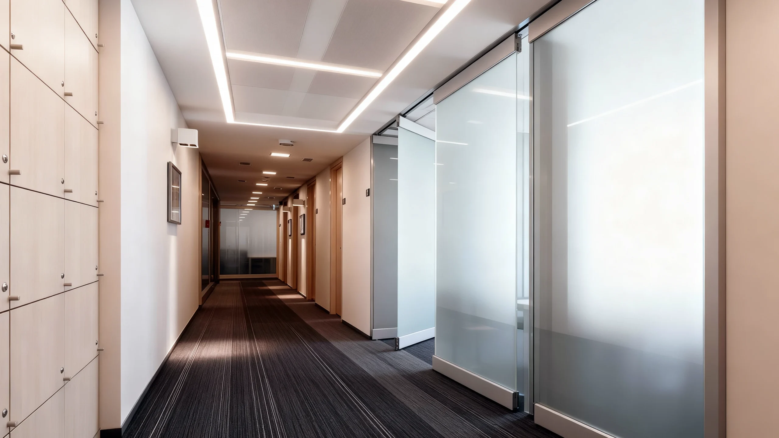 Komandor Lumi aluminum-framed interior glazing system optimized for commercial office environments, featuring large-scale frosted glass partitions and integrated sliding doors. The structure utilizes precision-engineered 6063-T5 anodized aluminum profiles designed for high-traffic corridors. This architectural solution incorporates a top-hung track system and proprietary anti-jump mechanisms to ensure silent, durable operation. The bespoke design balances natural light transmission with visual privacy, creating a sleek, professional aesthetic for modern workspace buildouts and partitions.