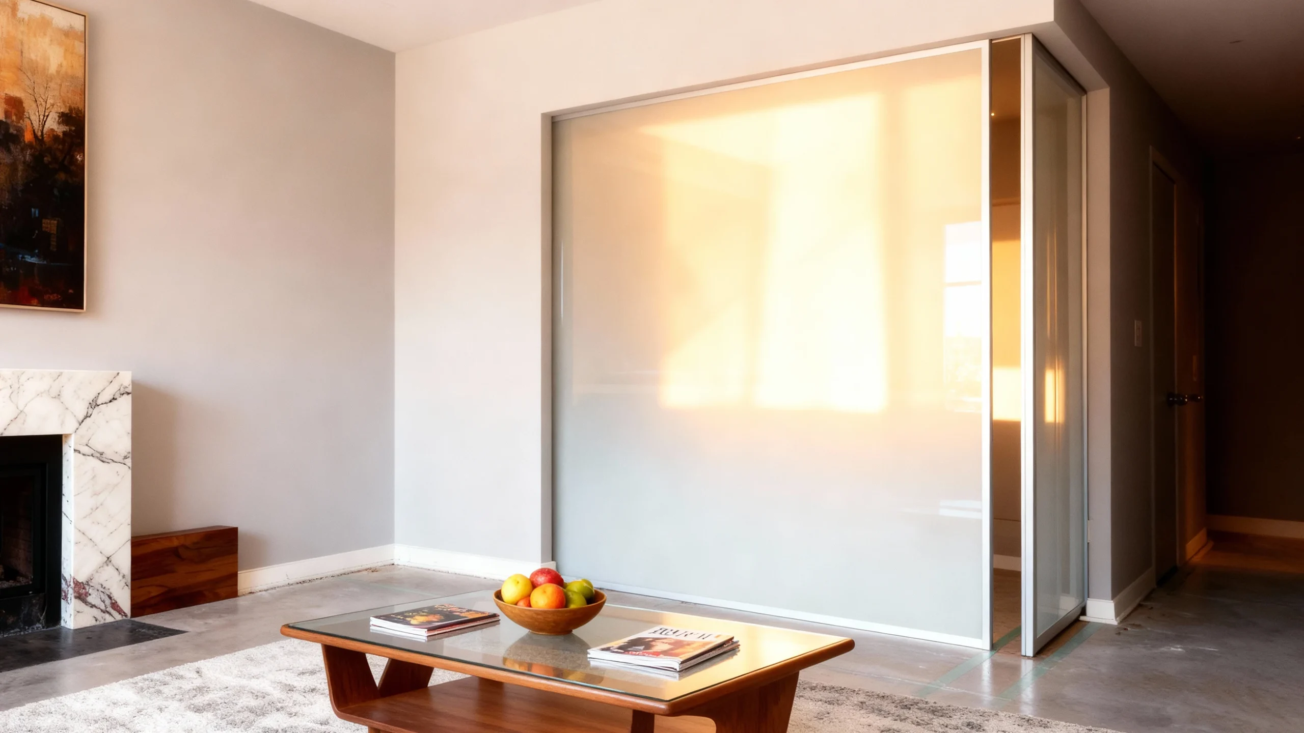 Komandor Lumi aluminum-framed glass partition and sliding door system featuring a fixed frosted glass screen and a bi-pass sliding door. This architectural interior glazing solution utilize slim-profile anodized aluminum frames to house translucent laminated safety glass panels. The system is engineered with Komandor’s proprietary anti-jump mechanism and precision ball-bearing rollers for silent, smooth operation. This floor-to-ceiling installation functions as a light-transmitting room divider, offering privacy while maintaining a modern, minimalist aesthetic for open-concept residential spaces.