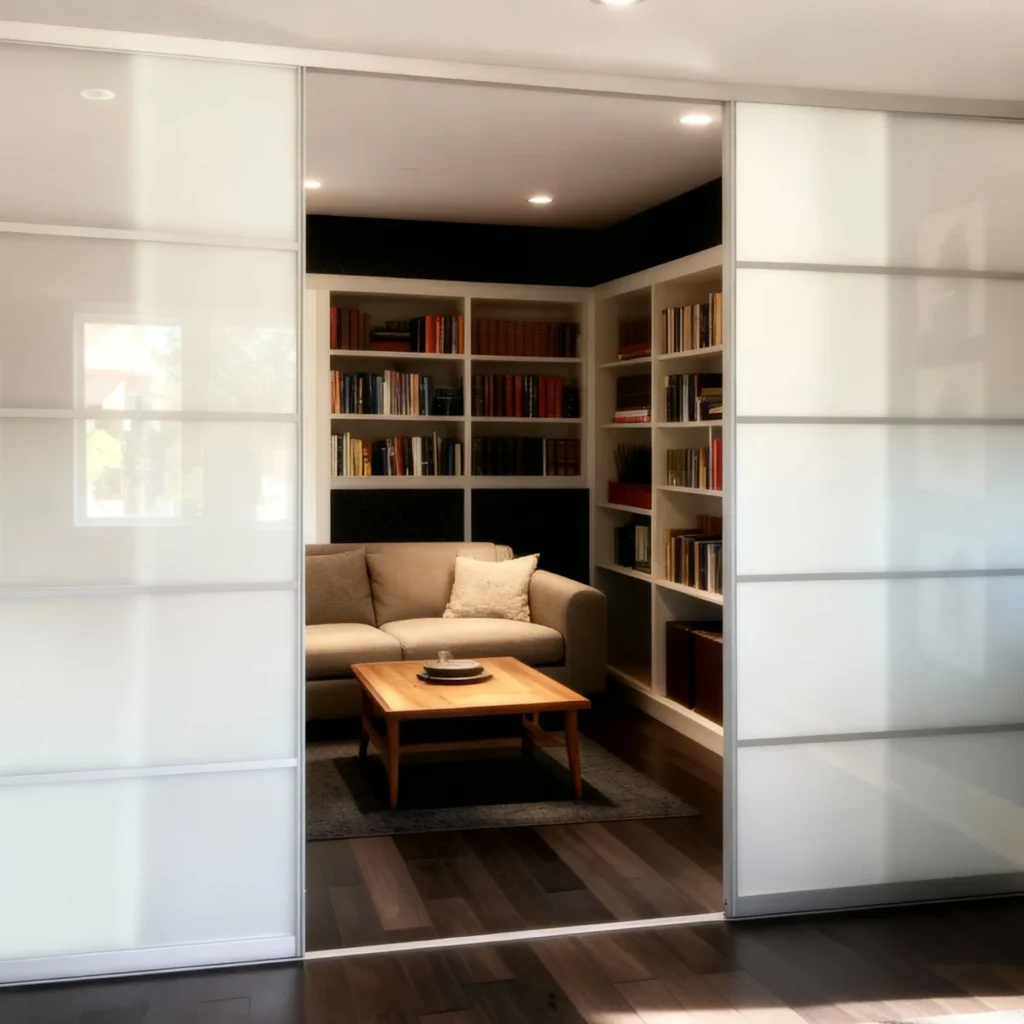 Komandor Lumi aluminum-framed sliding partitions with frosted glass inserts and multiple horizontal mullions creating a modern grid aesthetic. These wide-format sliding doors serve as a functional room divider between a living area and a library, utilizing a floor-to-ceiling bi-pass configuration. The high-quality aluminum frames are paired with durable ball-bearing rollers to ensure quiet, long-lasting performance for large-scale interior architectural transitions.