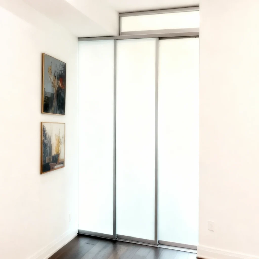 Komandor Lumi aluminum-framed interior glazing system featuring a three-panel bi-pass sliding door configuration with frosted architectural glass inserts. The system includes a matched aluminum header track and a slim-profile transom window above for maximum light transmission. Engineered with precision ball-bearing rollers and an integrated anti-jump mechanism, this floor-to-ceiling installation provides a modern, minimalist room partition and closet enclosure designed for seamless architectural integration in luxury residential spaces.