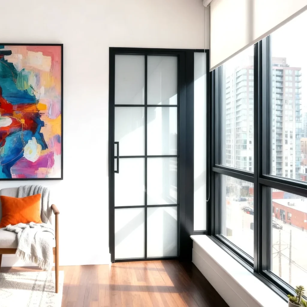 Komandor Lumi aluminum-framed interior glazing system featuring a swing door with frosted glass inserts for enhanced privacy in a Toronto condo. The slim, charcoal black aluminum frame utilizes millimetre-precise manufacturing to integrate seamlessly with the modern architectural space. This custom partition serves as a visually light modern alternative to traditional walls, allowing light transmission through architectural glass while providing functional room division.