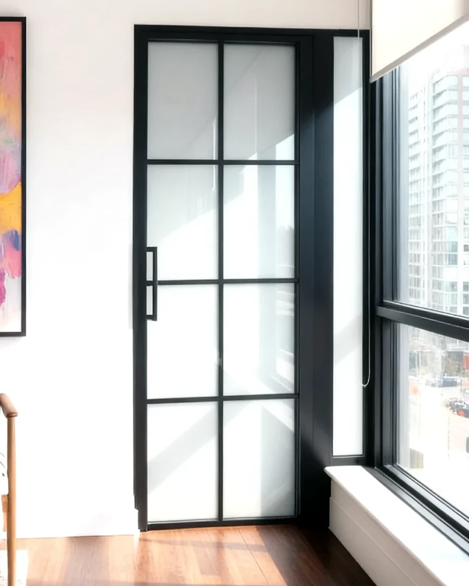 Komandor Lumi aluminum-framed swing door system featuring a matte black industrial grid design. This architectural interior partition utilizes frosted laminated safety glass to ensure visual privacy while diffusing natural light. Engineered with a rigid anodized aluminum framework and European hardware, this custom glazing solution acts as a modern room divider ideal for separating bedrooms or dens in open-concept spaces.