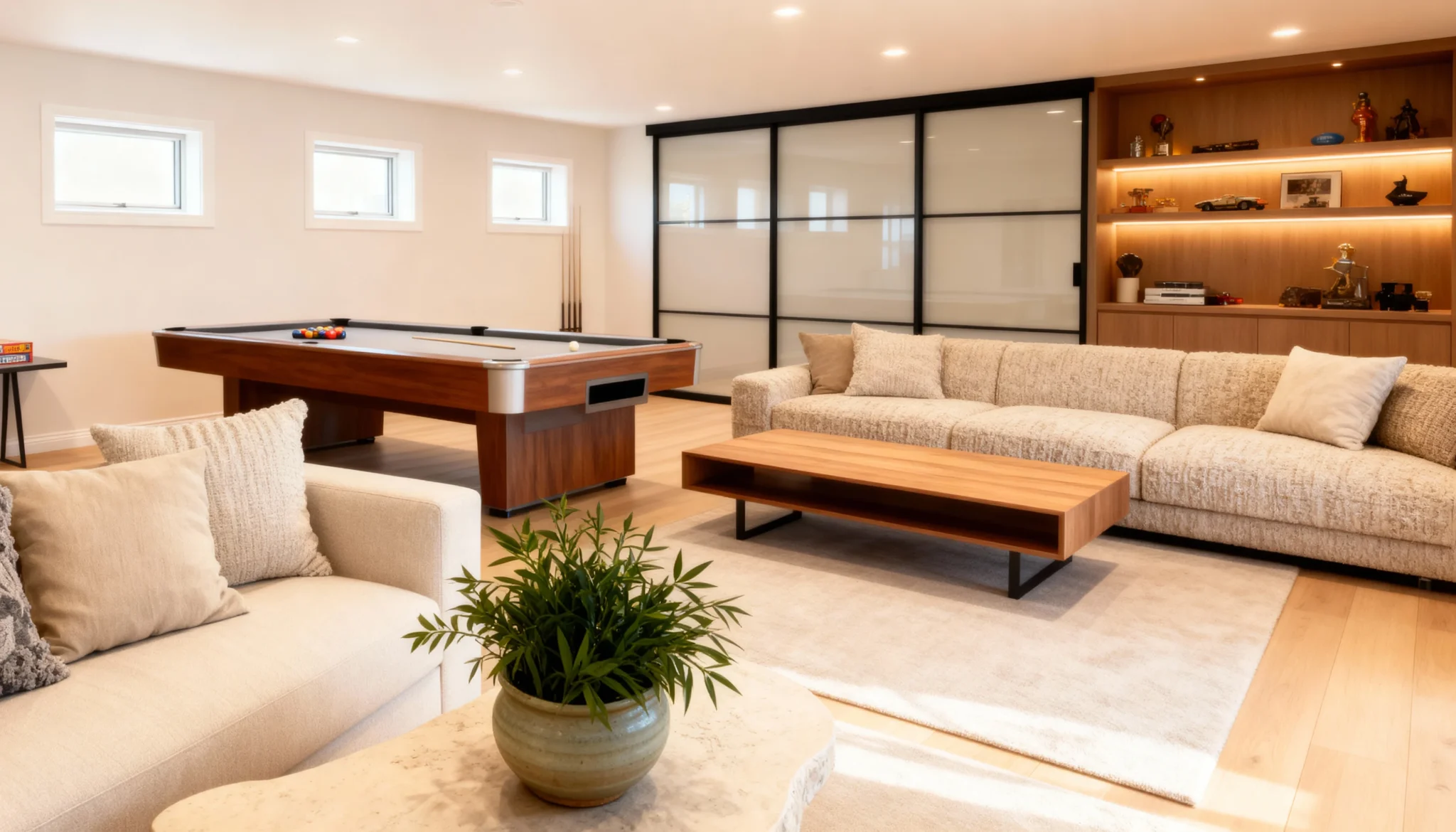 Komandor Lumi aluminum-framed frosted glass partition and sliding door system featuring a three-panel bi-pass configuration with charcoal black anodized aluminum frames. This interior glazing solution utilizes architectural frosted glass inserts to provide privacy while maintaining light transmission in a residential living space. The system is engineered with proprietary ball-bearing rollers and an integrated anti-jump mechanism for silent, smooth, and durable operation. This custom-built floor-to-ceiling application showcases Komandor’s ability to create functional room dividers with millimeter-precise European engineering and local Canadian craftsmanship.