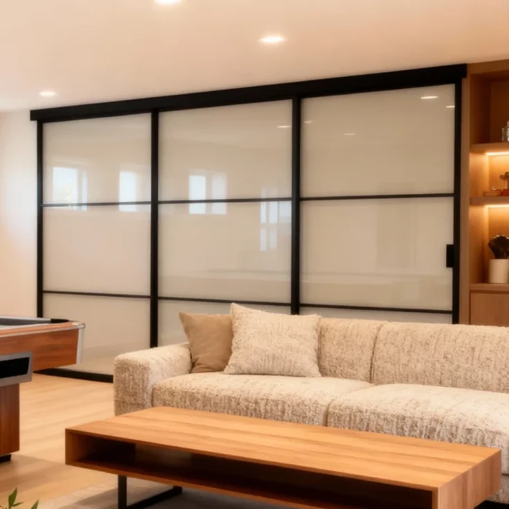 Komandor Lumi aluminum-framed frosted glass partition and sliding door system featuring a three-panel bi-pass configuration with charcoal black anodized aluminum frames. This interior glazing solution utilizes architectural frosted glass inserts to provide privacy while maintaining light transmission in a residential living space. The system is engineered with proprietary ball-bearing rollers and an integrated anti-jump mechanism for silent, smooth, and durable operation. This custom-built floor-to-ceiling application showcases Komandor’s ability to create functional room dividers with millimeter-precise European engineering and local Canadian craftsmanship.