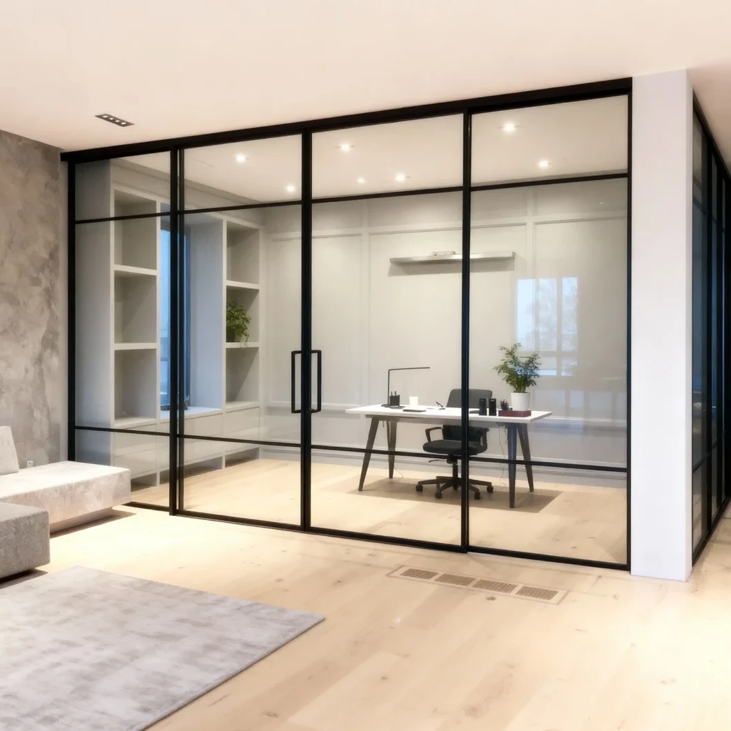 Custom clear glass office enclosure with black frames