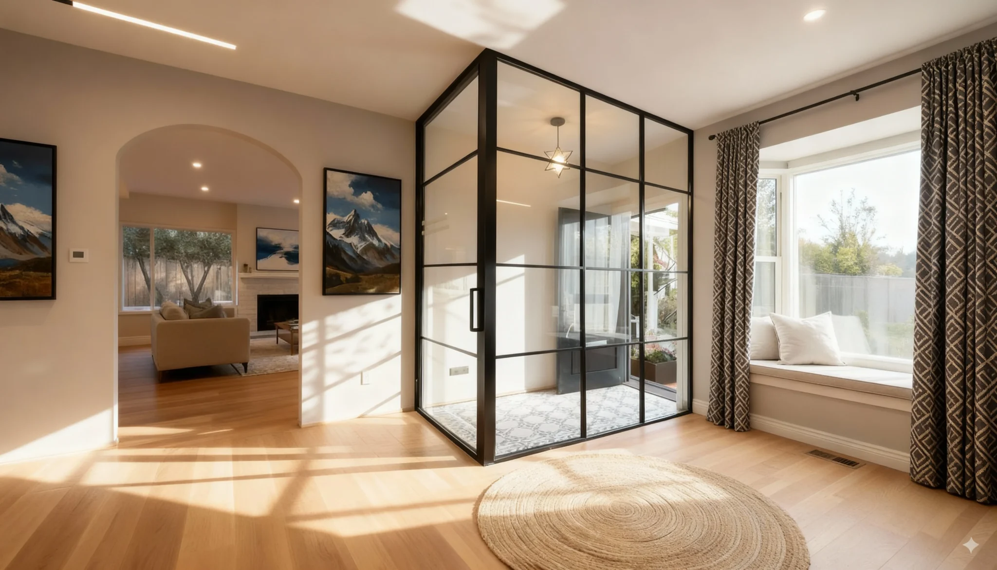 Komandor Lumi aluminum-framed interior glazing system configured as an L-shaped corner glass wall partition with an integrated swing door. This architectural vestibule solution features slim black anodized aluminum profiles and clear tempered glass inserts, creating a transparent private enclosure within an open-concept living space. The system includes precision-engineered corner posts and a matching black handle, offering a modern alternative to permanent drywall. Locally manufactured in Canada, this partition maximizes natural light while providing acoustic separation and high-end aesthetic value for GTA residential interiors.