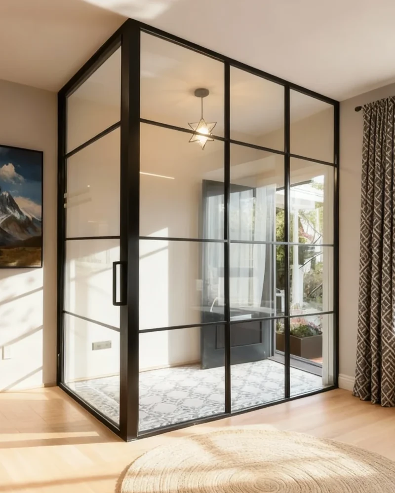 Komandor Lumi aluminum-framed interior glazing system configured as an L-shaped corner glass wall partition with an integrated swing door. This architectural vestibule solution features slim black anodized aluminum profiles and clear tempered glass inserts, creating a transparent private enclosure within an open-concept living space. The system includes precision-engineered corner posts and a matching black handle, offering a modern alternative to permanent drywall. Locally manufactured in Canada, this partition maximizes natural light while providing acoustic separation and high-end aesthetic value for GTA residential interiors.