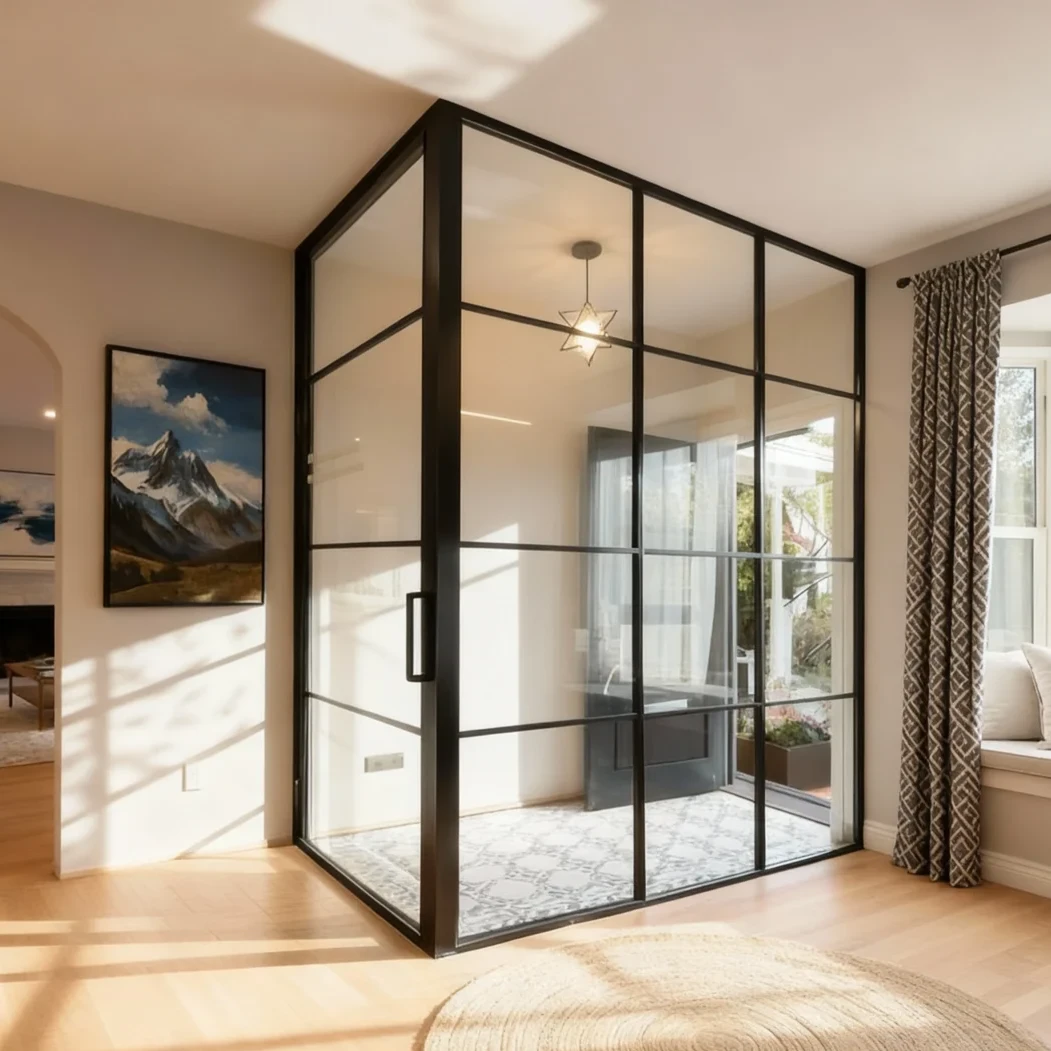 Komandor Lumi aluminum-framed interior glazing system configured as an L-shaped corner glass wall partition with an integrated swing door. This architectural vestibule solution features slim black anodized aluminum profiles and clear tempered glass inserts, creating a transparent private enclosure within an open-concept living space. The system includes precision-engineered corner posts and a matching black handle, offering a modern alternative to permanent drywall. Locally manufactured in Canada, this partition maximizes natural light while providing acoustic separation and high-end aesthetic value for GTA residential interiors.