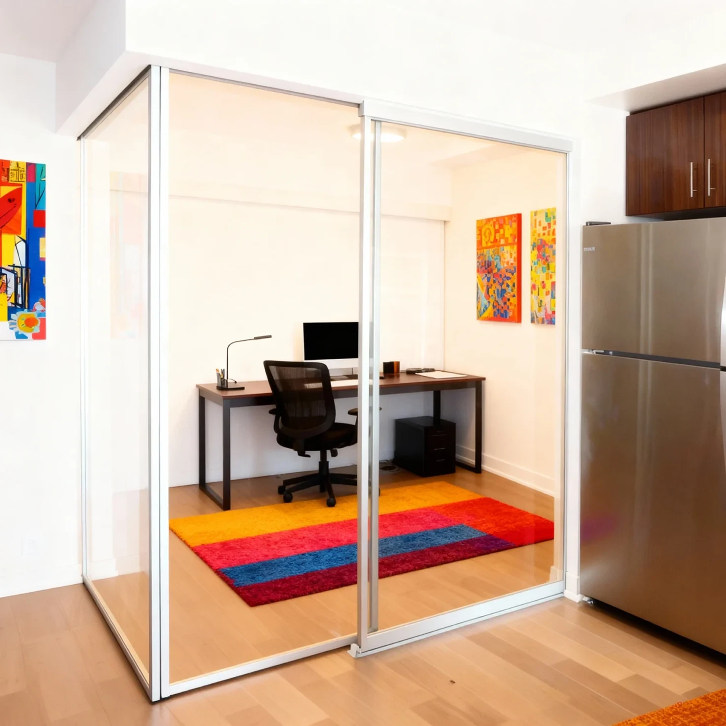 Near-frameless clear sliding glass walls dividing a home office