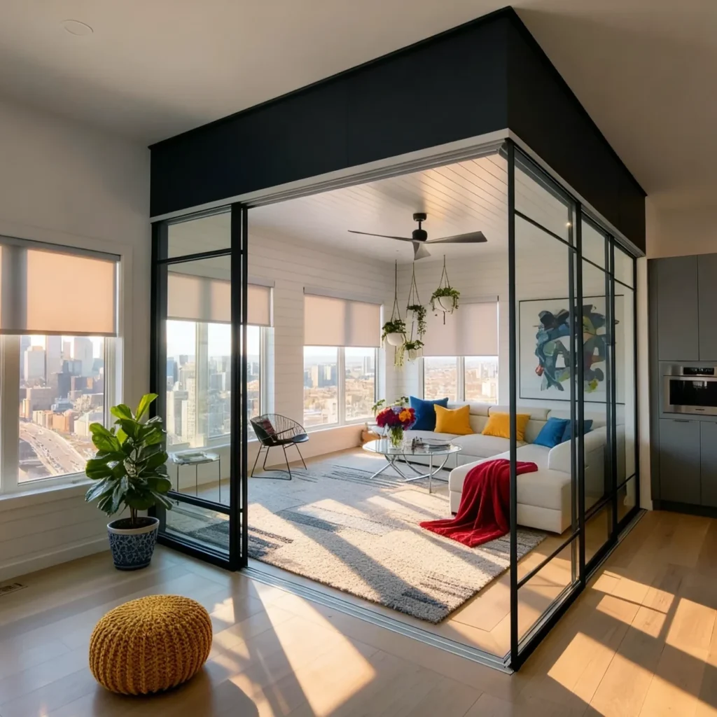 Komandor Lumi aluminum-framed glass wall and sliding door system used as a modern interior partition for a high-rise GTA condo. This high-end architectural glazing solution features a slim charcoal black aluminum frame and clear safety glass inserts, providing structural room division while maintaining natural light and views. The installation showcases a corner post configuration with floor-to-ceiling fixed panels and integrated sliding doors, engineered for silent, smooth operation with premium ball-bearing rollers. This custom interior glazing system serves as a sophisticated alternative to permanent drywall framing in luxury residential open-concept spaces.