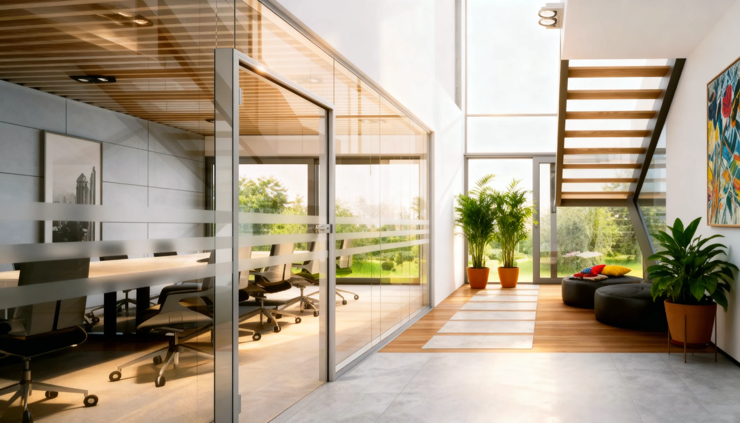 Komandor Lumi aluminum-framed interior glazing system featuring a high-end design-forward aesthetic for office buildouts. The Lumi Heavy system utilizes bespoke 6063-T5 anodized aluminum profiles to support large-scale tempered glass panels and integrated swing doors. This architectural partition includes a slim profile design that accepts varied insert materials such as clear, frosted, or fluted glass. The assembly is secured using structural corner posts and top-hung tracks for seamless floor-to-ceiling installation without the need for additional drywall bulkheads.