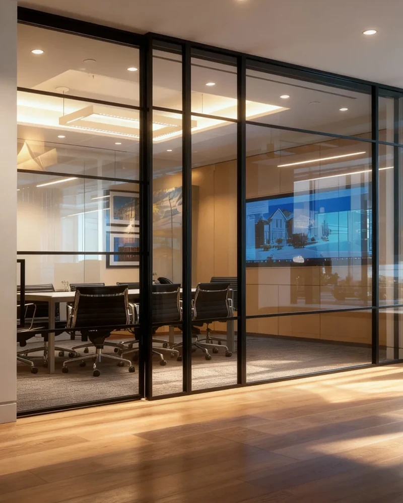 Komandor Lumi aluminum-framed interior glazing system featuring a custom black powder-coated finish and a design-forward aesthetic for modern office buildouts. This bespoke partition utilizes 6063-T5 anodized aluminum profiles to create a multi-panel glass wall with integrated horizontal muntins and a high-clearance swing door. The system is engineered for structural rigidity and provides acoustic privacy while maintaining maximum light transmission. All panels are manufactured to millimeter precision and include high-performance hardware designed for long-term commercial durability.