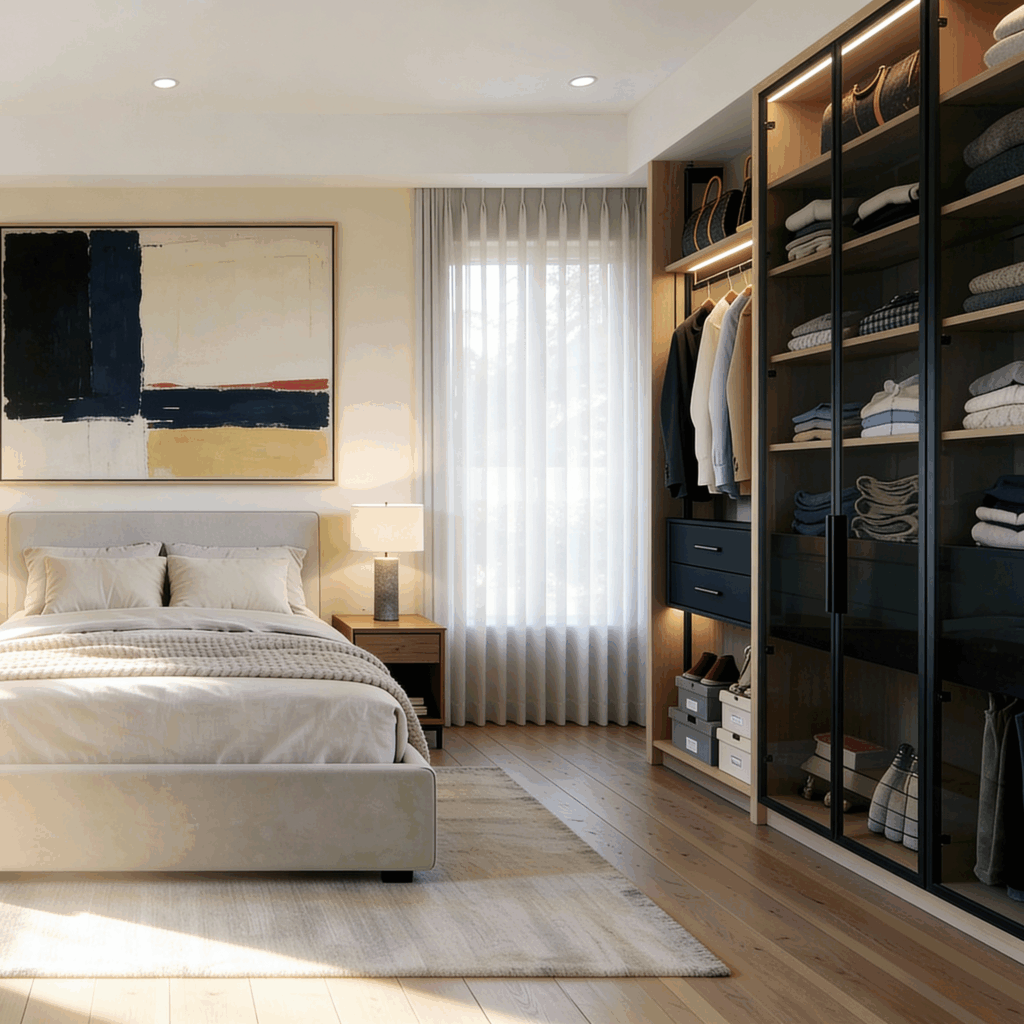 Komandor hybrid bedroom wardrobe system combining a black aluminum-framed Lumi glass display cabinet with an open European laminate shelving section. The configuration features integrated recessed LED lighting strips, suspended hanging rails, and contrasting matte black soft-close drawers, utilizing 6063-T5 anodized aluminum profiles to create a sleek, modern architectural storage solution that replaces traditional freestanding joinery.