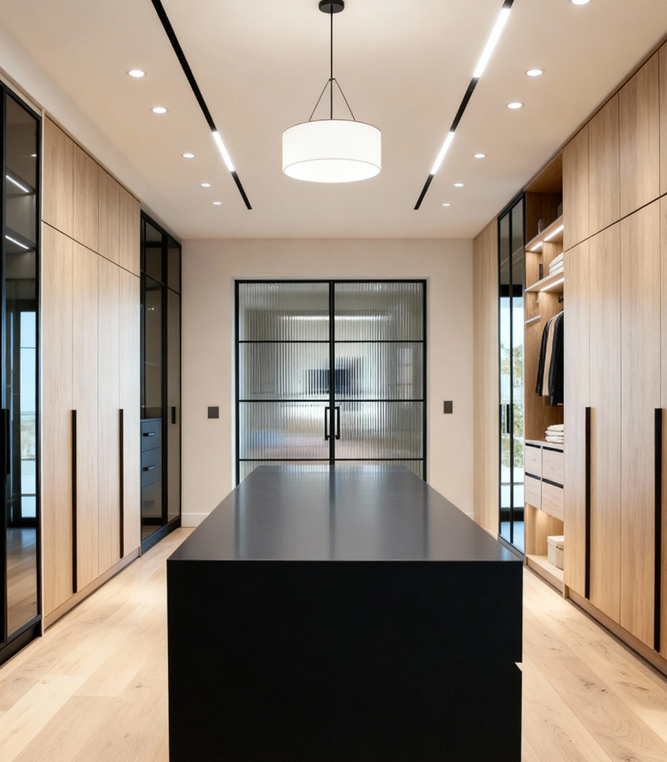 Komandor luxury walk-in closet featuring a hybrid mix of the Lumi aluminum-framed glass door system and custom open cabinetry. The design showcases floor-to-ceiling black aluminum glass wardrobes opposite warm wood-tone European laminate shelving with integrated recessed LED lighting. A central storage island and a rear fluted glass partition door complete this boutique-style dressing room, demonstrating the brand's ability to combine industrial-grade metal engineering with bespoke residential millwork.