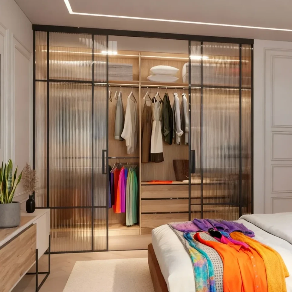 Komandor Lumi aluminum-framed interior glazing system configured as a reach-in closet with floor-to-ceiling sliding doors. The system features vertical ribbed architectural glass inserts and a slim-profile charcoal black anodized aluminum frame. This bi-pass application utilizes Komandor’s patented ball-bearing rollers and anti-jump mechanism for silent operation. The interior displays custom millwork including warm wood-tone laminate shelving, hanging rods, and integrated soft-close drawers, showcasing a modern alternative to traditional walk-in closet design.