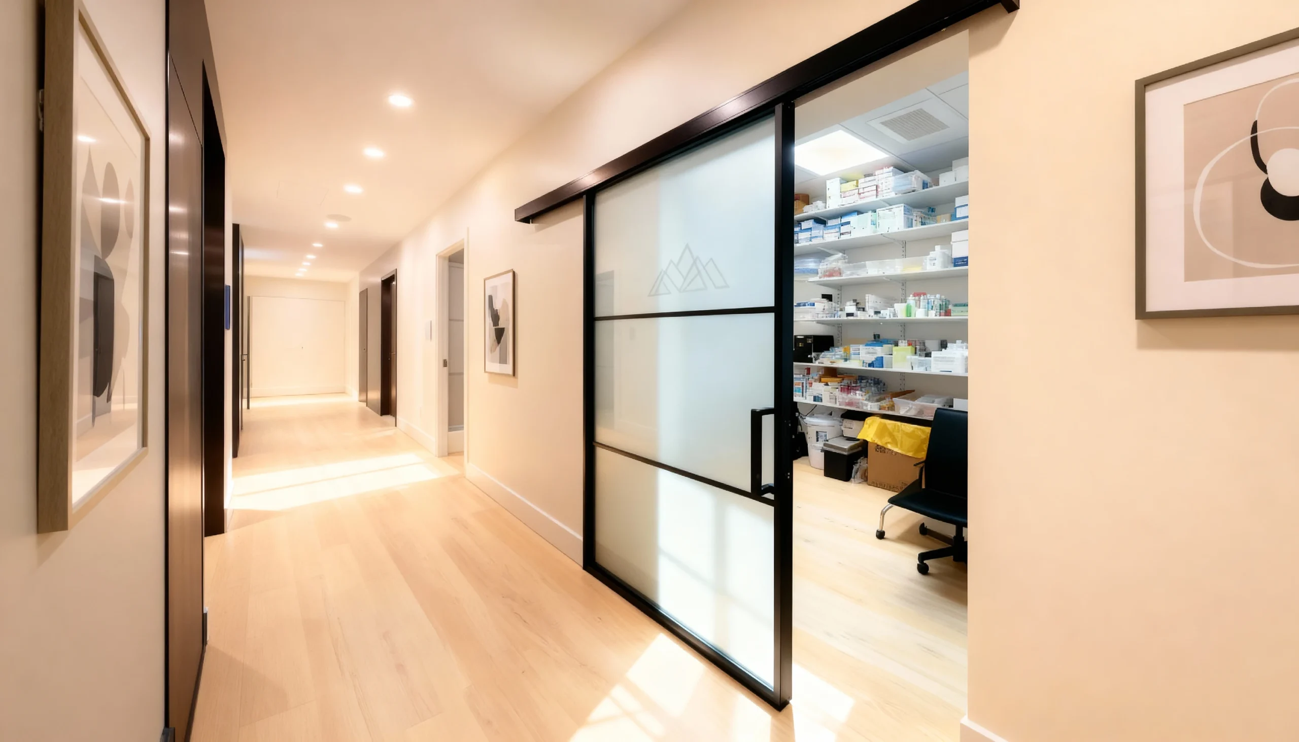 Komandor Lumi aluminum-framed interior glazing system featuring a sleek sliding glass door with a horizontal muntin design. The system utilizes a robust top-hung track mechanism to provide a barrier-free floor transition, ideal for medical and dental office environments. Constructed with high-grade anodized aluminum profiles, this bespoke partition incorporates frosted safety glass to ensure patient privacy while maintaining light transmission across the workspace. The installation highlights Komandor's precision engineering and durable hardware designed for high-traffic commercial applications.