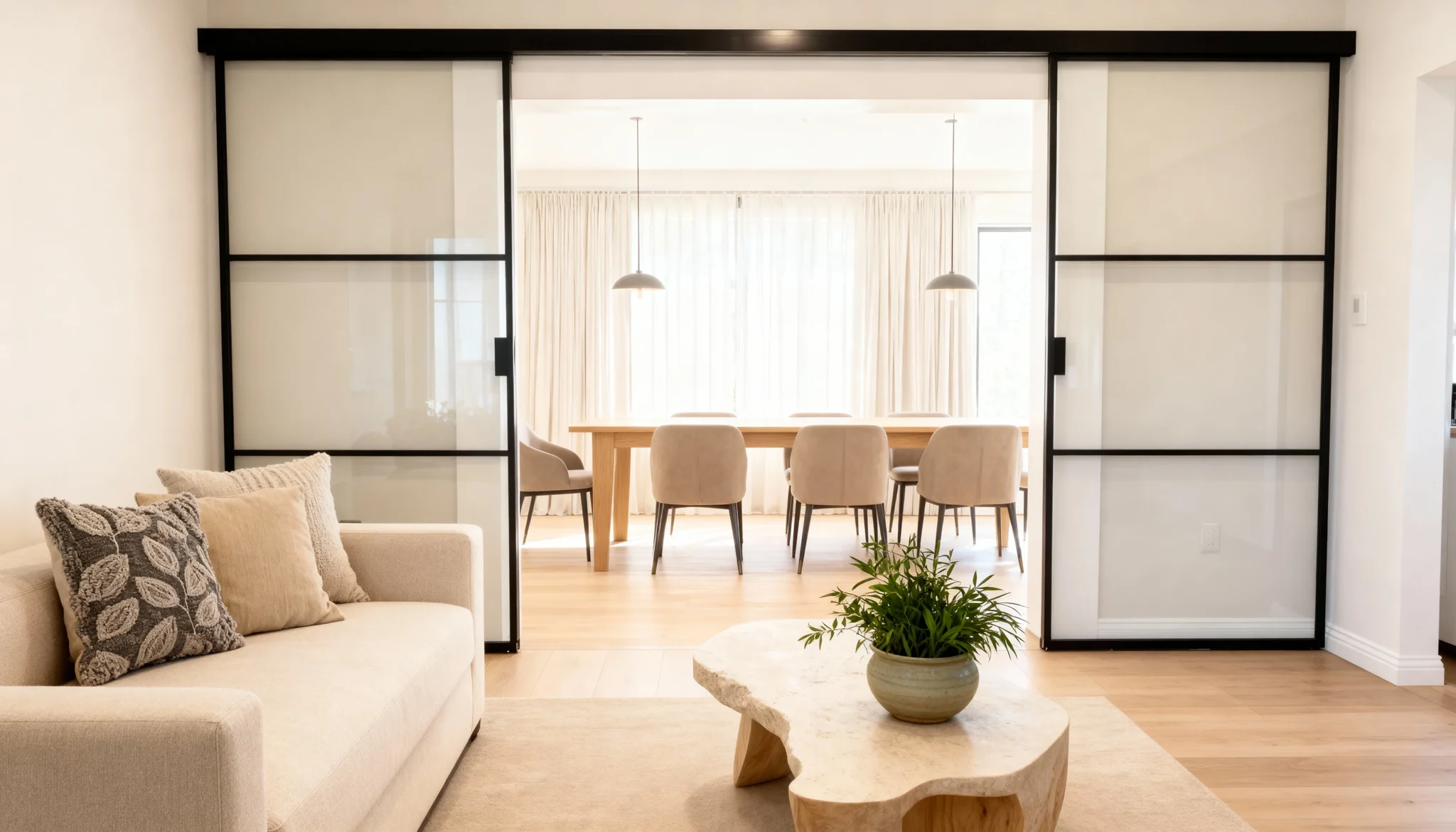 Komandor Lumi aluminum-framed sliding glass door system functioning as a modern room divider between a living and dining area. This interior glazing solution features high-grade anodized aluminum profiles with a matte black finish and frosted architectural glass inserts. The top-hung sliding mechanism ensures a smooth, quiet operation without a floor track, while the horizontal muntin bars provide a sleek, minimalist aesthetic. This custom-built partition maximizes natural light transfer while offering visual privacy between residential living spaces.