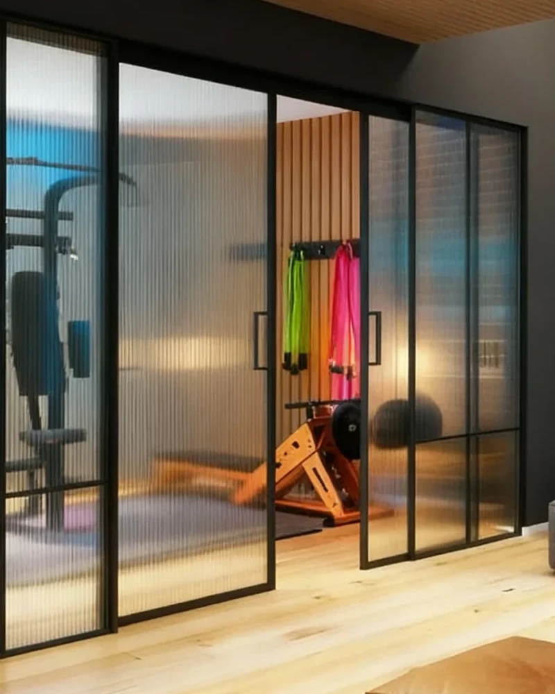 Komandor Lumi aluminum-framed sliding partition system featuring fluted architectural glass inserts and a slim charcoal black frame profile. This bi-pass sliding door application utilizes precision ball-bearing rollers and a top-hung recessed track for smooth, quiet operation. The ribbed glass panels provide visual privacy for a home gym while allowing ambient light transmission. Engineered with high-gauge anodized aluminum, this custom room divider system offers a minimalist European aesthetic, serving as a structurally independent modern alternative to traditional drywall framing in luxury residential interiors.