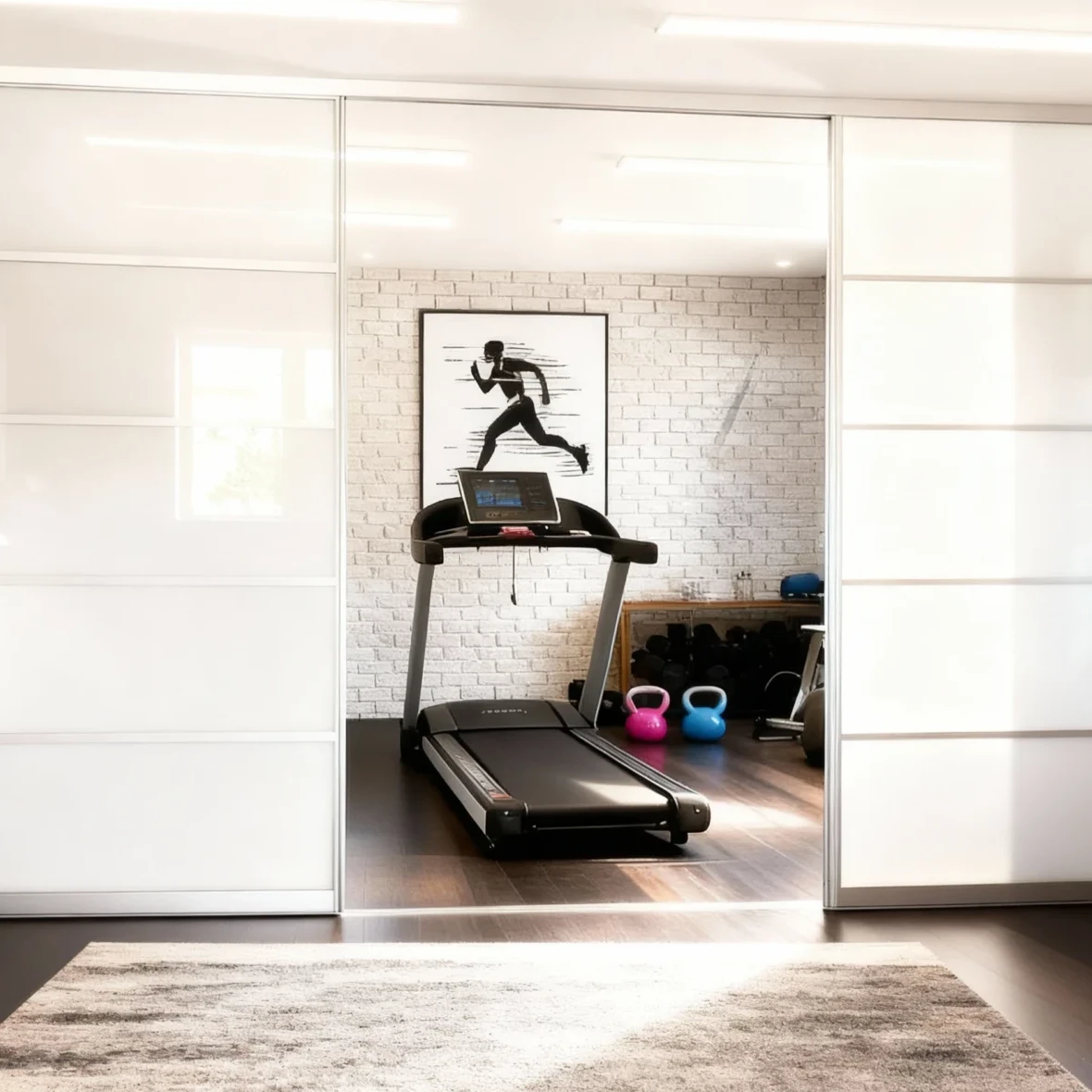 Komandor Lumi aluminum-framed glass partition and sliding door system utilizing a bi-pass configuration for architectural room division. The system features narrow-profile anodized aluminum frames and fluted architectural glass inserts, providing a modern alternative to traditional drywall. Engineered with Komandor’s patented high-grade ball-bearing rollers and integrated anti-jump mechanisms, the system ensures silent, smooth operation. This floor-to-ceiling installation demonstrates the Lumi system's ability to maximize natural light while maintaining acoustic separation in high-end residential interiors.