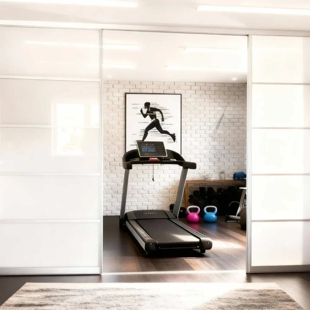 Komandor Lumi aluminum-framed glass partition and sliding door system utilized as a modern room divider for a home gym. The installation features a large-scale bi-pass application with frosted glass inserts and ultra-slim horizontal muntins. Engineered with precision ball-bearing rollers and a low-profile bottom track, this architectural glazing system provides smooth, quiet operation. The hybrid construction uses durable 6063-T5 anodized aluminum frames to create a floor-to-ceiling barrier that maximizes light transmission while maintaining privacy between the exercise area and living space.