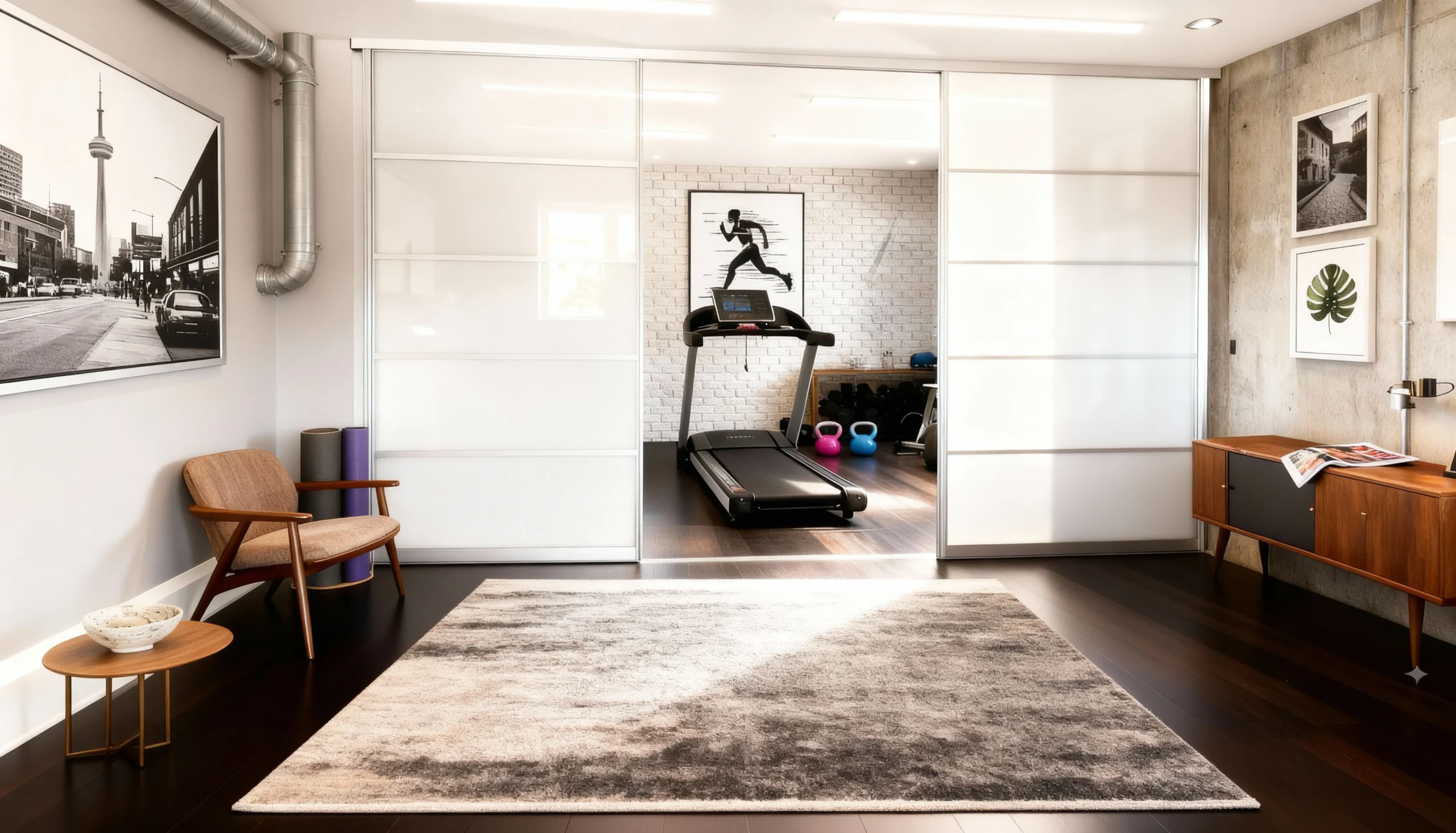 Komandor Lumi aluminum-framed glass partition and sliding door system utilizing a bi-pass configuration for architectural room division. The system features narrow-profile anodized aluminum frames and fluted architectural glass inserts, providing a modern alternative to traditional drywall. Engineered with Komandor’s patented high-grade ball-bearing rollers and integrated anti-jump mechanisms, the system ensures silent, smooth operation. This floor-to-ceiling installation demonstrates the Lumi system's ability to maximize natural light while maintaining acoustic separation in high-end residential interiors.