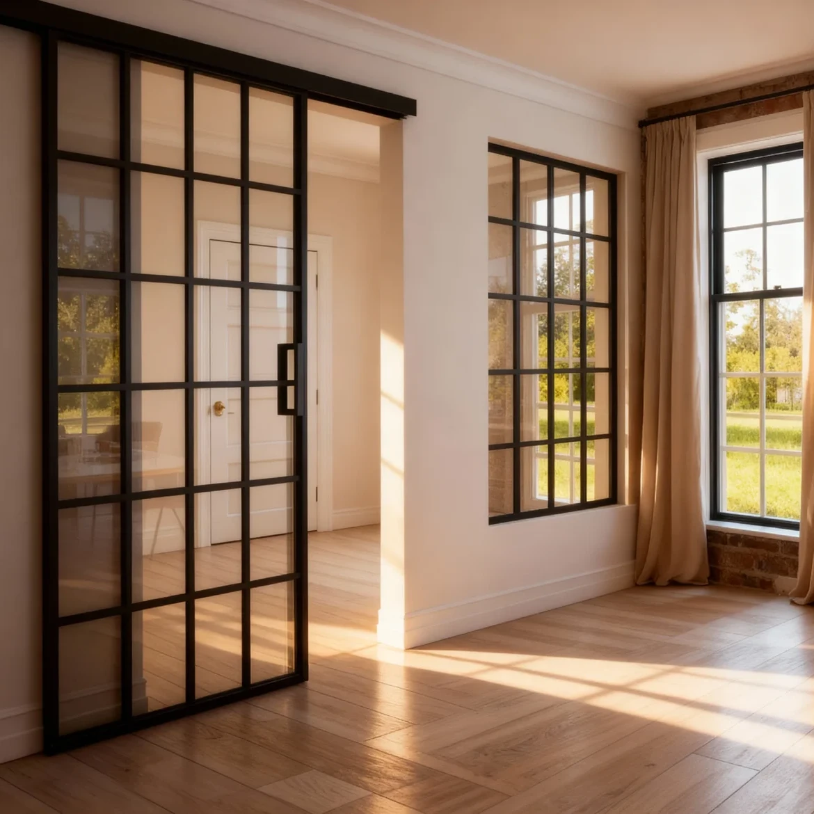 Komandor Lumi aluminum-framed glass partition and sliding door system designed as a modern room divider. This architectural interior glazing system features ultra-slim black anodized aluminum profiles with a loft-style grid pattern and clear tempered glass inserts. Utilizing top-hung sliding mechanisms and high-grade rollers, the system allows for smooth, silent operation without a floor track, preserving the continuity of the wood flooring. This hybrid solution offers a visually light alternative to traditional walls, maximizing natural light while providing flexible space partitioning for residential Greater Toronto Area homes.