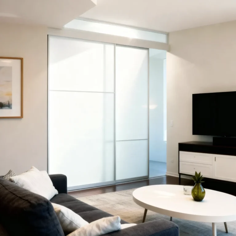 Komandor Lumi aluminum-framed interior glazing system acting as a sliding room divider with frosted architectural glass inserts. The bi-pass door configuration utilizes high-grade anodized aluminum profiles and horizontal mullions for structural rigidity. This custom-manufactured installation features a slim-profile transom window for light transmission and is engineered with quiet, precision ball-bearing rollers and a protective anti-jump mechanism. The system provides a modern, minimalist partition for open-concept residential spaces, delivering European craftsmanship with durable, long-lasting operation.