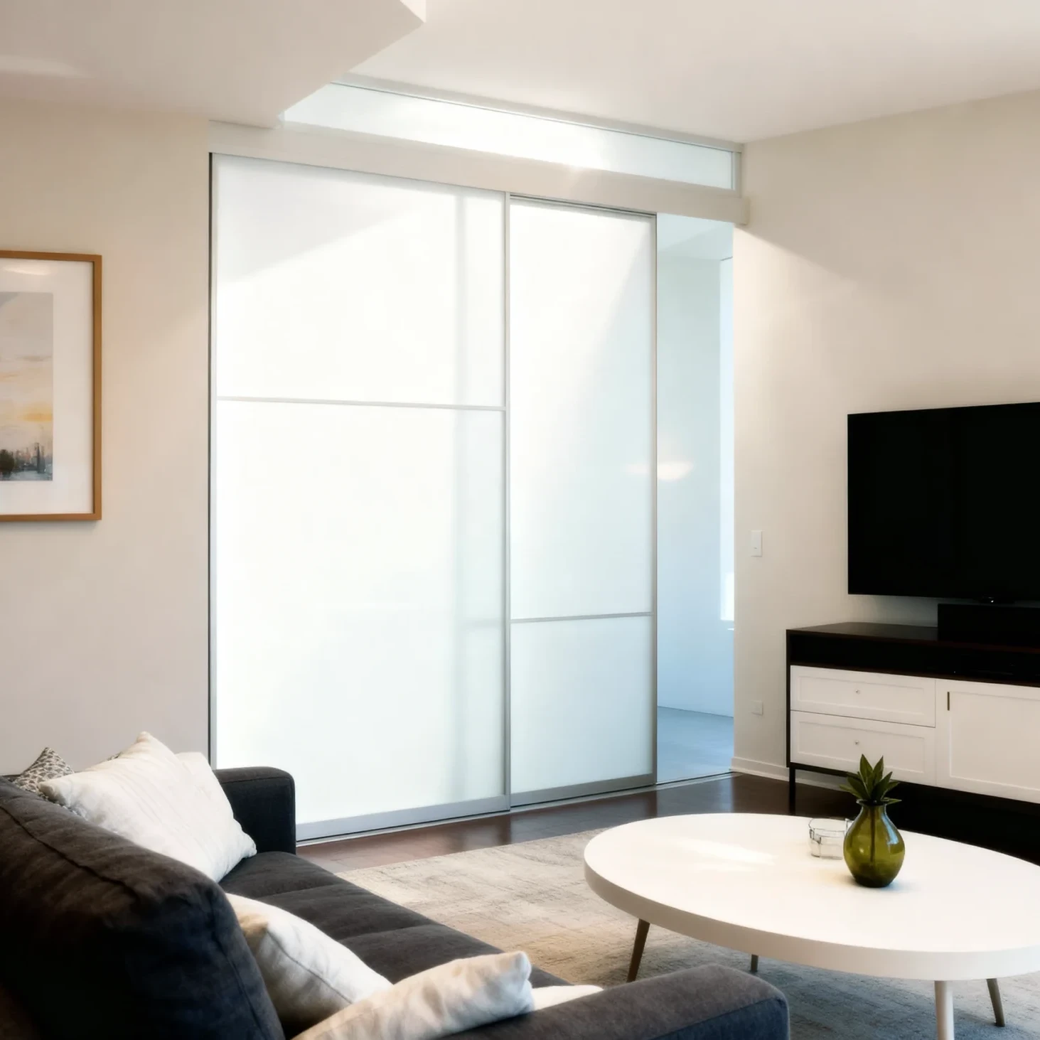 Komandor Lumi aluminum-framed interior glazing system acting as a sliding room divider with frosted architectural glass inserts. The bi-pass door configuration utilizes high-grade anodized aluminum profiles and horizontal mullions for structural rigidity. This custom-manufactured installation features a slim-profile transom window for light transmission and is engineered with quiet, precision ball-bearing rollers and a protective anti-jump mechanism. The system provides a modern, minimalist partition for open-concept residential spaces, delivering European craftsmanship with durable, long-lasting operation.