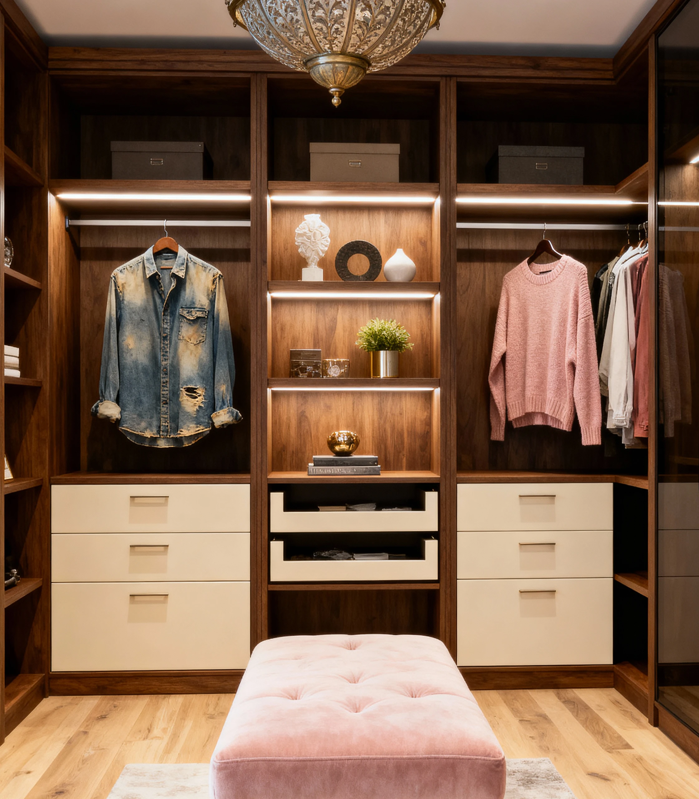 Komandor luxury walk-in closet configured in a U-shaped boutique layout. The design features dark wood-tone European thermal-fused laminate cabinetry with integrated recessed LED lighting strips for shadow-free product visibility. The space includes black aluminum-framed glass wardrobe doors and contrasting light-finish drawers with soft-close slides, creating a high-end hybrid architectural system that functions as a residential sanctuary.