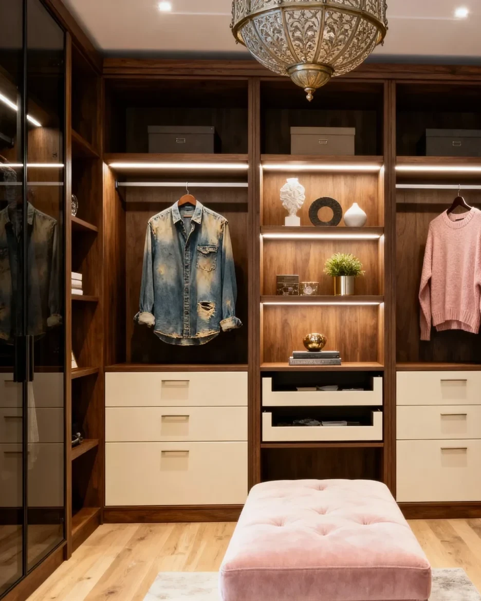 Komandor luxury walk-in closet configured in a U-shaped boutique layout. The design features dark wood-tone European thermal-fused laminate cabinetry with integrated recessed LED lighting strips for shadow-free product visibility. The space includes black aluminum-framed glass wardrobe doors and contrasting light-finish drawers with soft-close slides, creating a high-end hybrid architectural system that functions as a residential sanctuary.