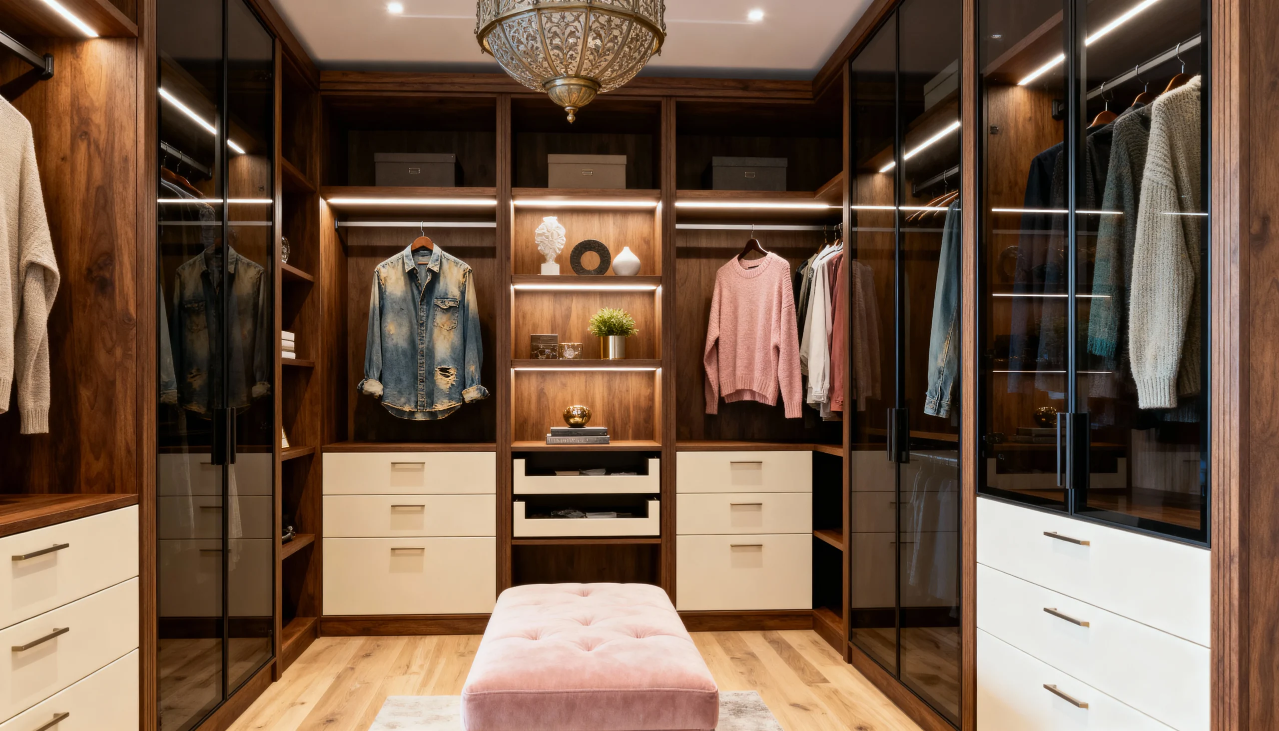 Komandor luxury walk-in closet configured in a U-shaped boutique layout. The design features dark wood-tone European thermal-fused laminate cabinetry with integrated recessed LED lighting strips for shadow-free product visibility. The space includes black aluminum-framed glass wardrobe doors and contrasting light-finish drawers with soft-close slides, creating a high-end hybrid architectural system that functions as a residential sanctuary.